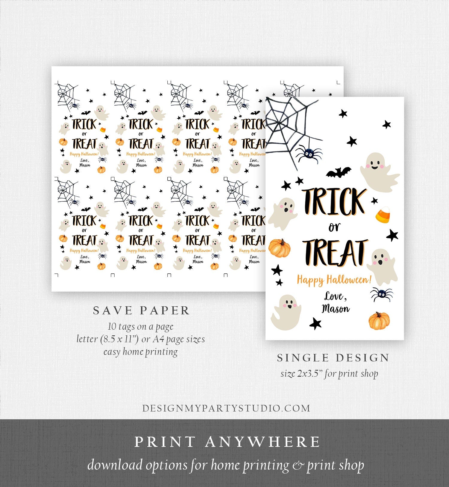 Editable Halloween Birthday Thank You Favor Tags Costume Party Trick or Treat Spooktacular Ghost Download Printable Template Corjl 0418