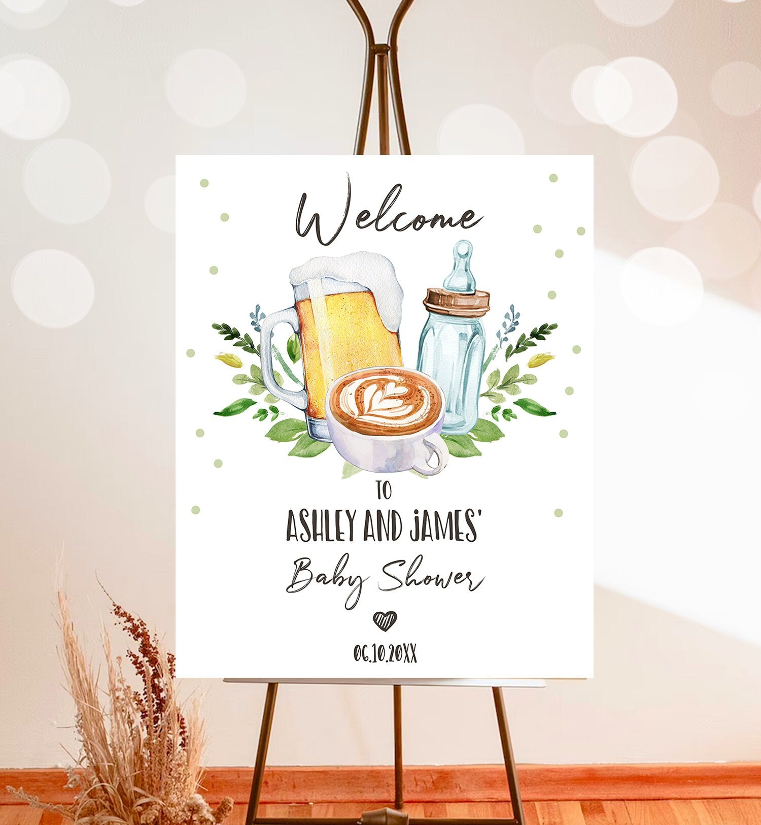 Editable A Baby is Brewing Welcome Sign Brewing Baby Shower Bottle and Beers Coed Couples Cappuccino Coffee Neutral Template Printable 0190