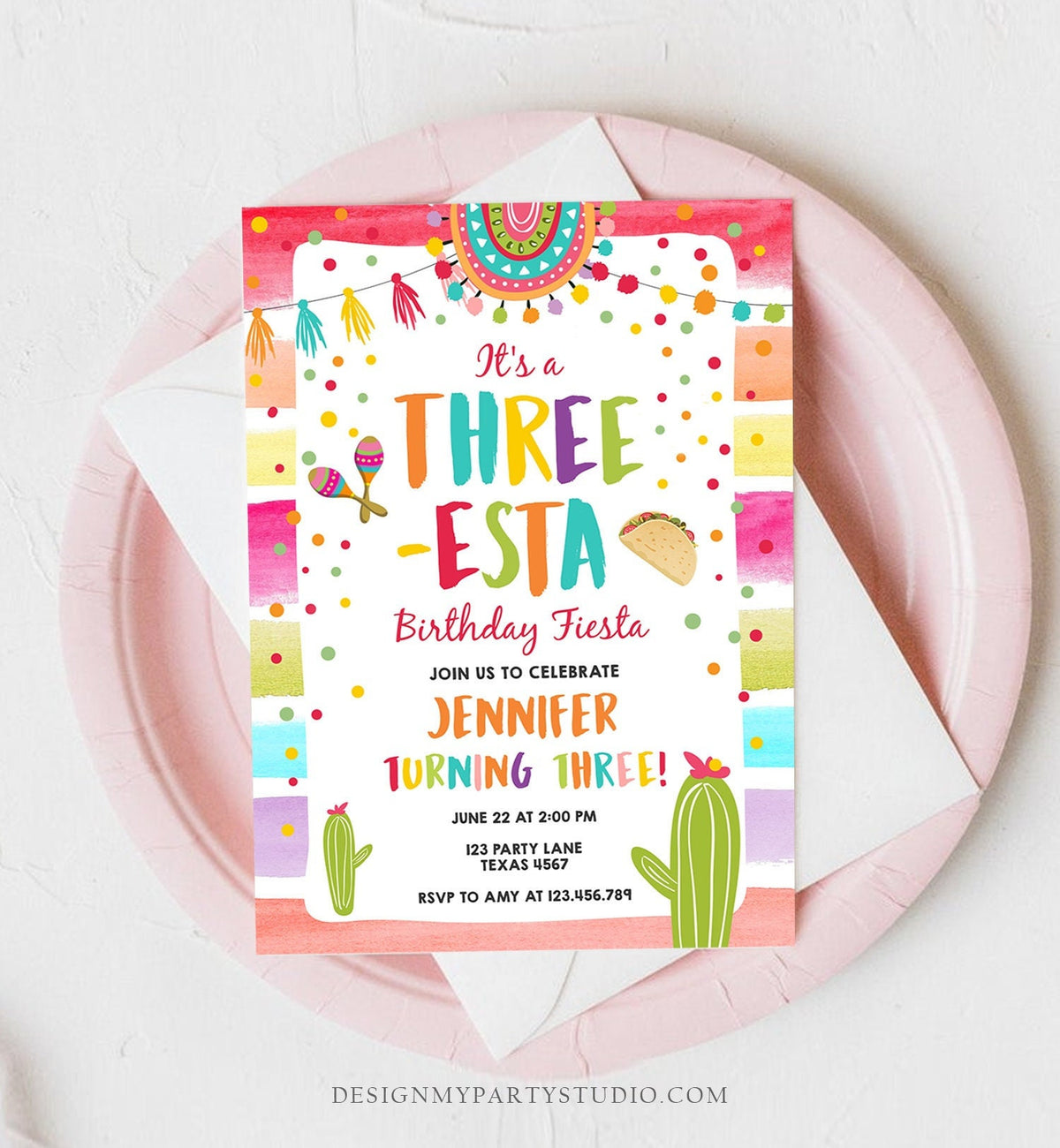 Editable Three-Esta Fiesta Birthday Invitation Third Birthday 3rd Cactus Mexican Boy Girl Cactus Download Corjl Template Printable 0134