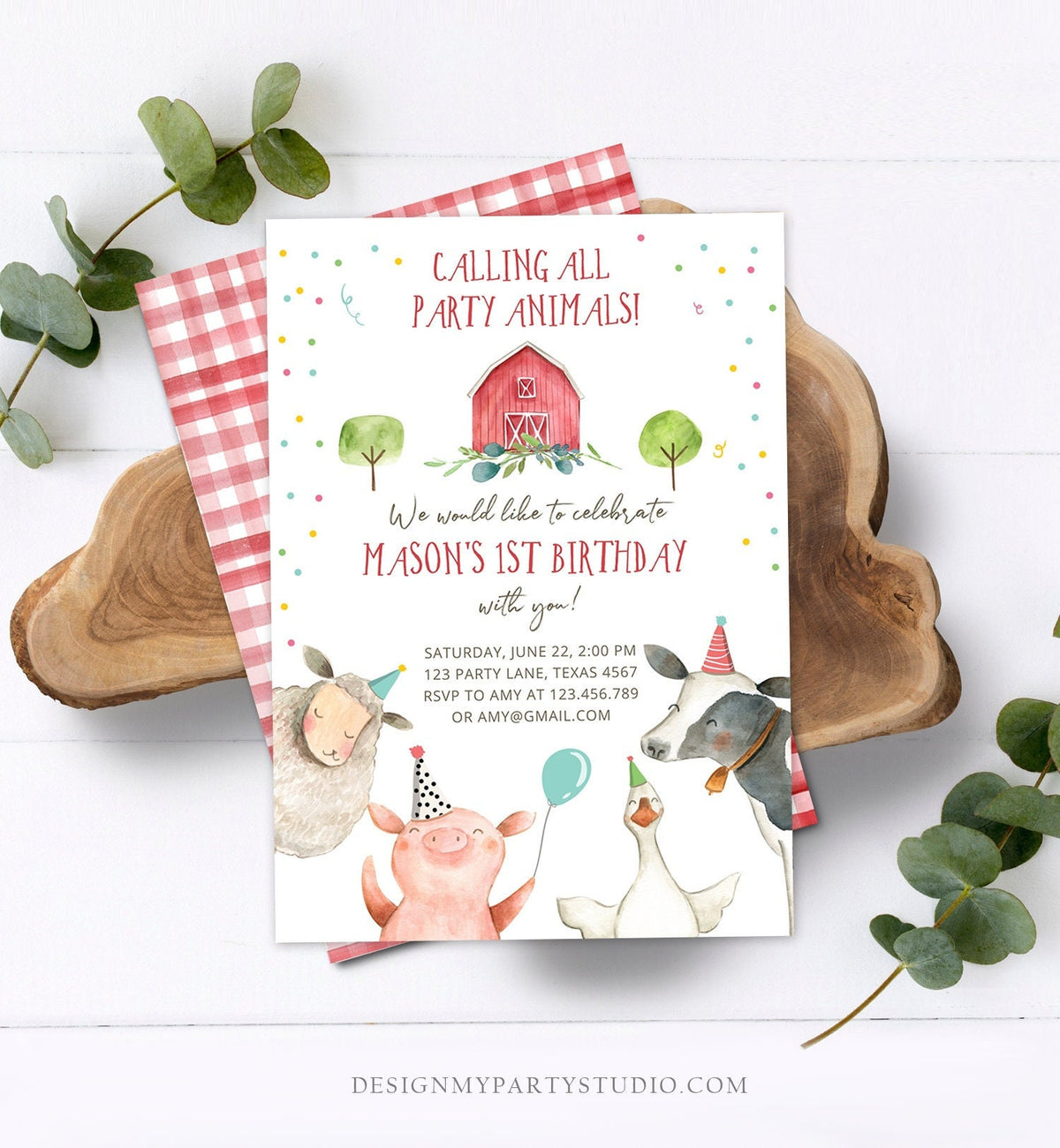 Editable Farm Animals Birthday Invitation Boy Farm Barnyard First Birthday Party Animals Confetti Download Corjl Template Printable 0155