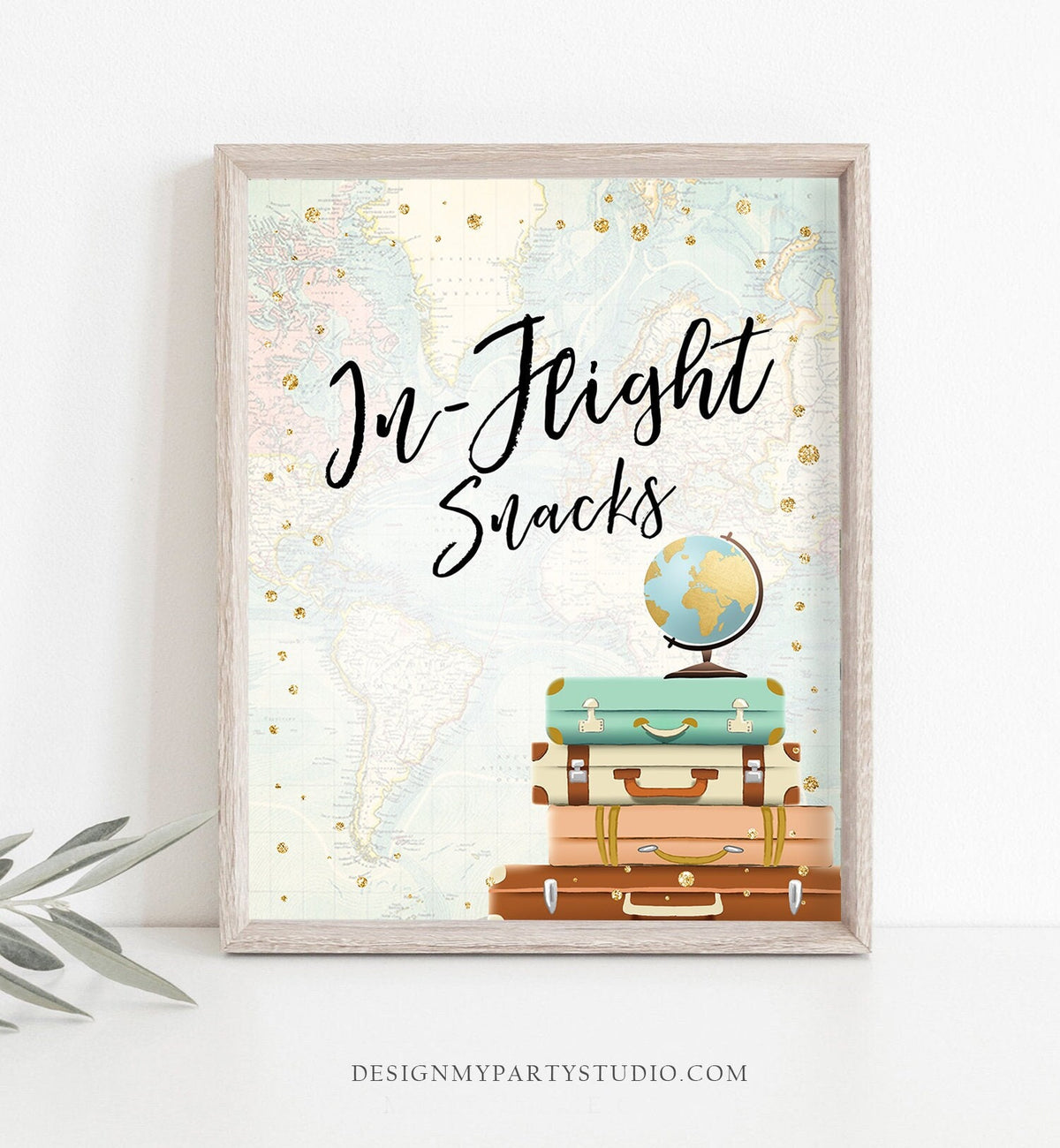 In-Flight Snacks Sign Travel Adventure Bridal Shower Wedding Birthday Gold Globe Suitcase Gold Confetti Instant Download Printable 0263