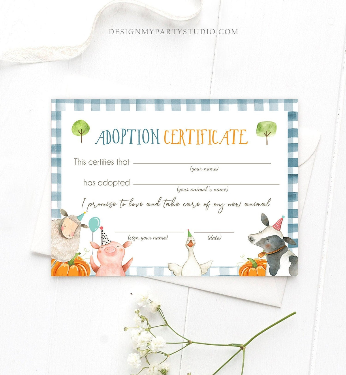 Adopt an Animal Adoption Certificate Farm Animals Adoption Pumpkin Fall Barn Farm Birthday Barnyard Boy Download Digital PRINTABLE 0155