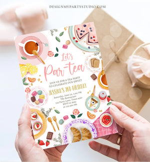Editable Tea Party Birthday Invitation Girl Par-Tea Invite Floral Pink Gold Whimsical Tea Download Printable Template Corjl Digital 0478