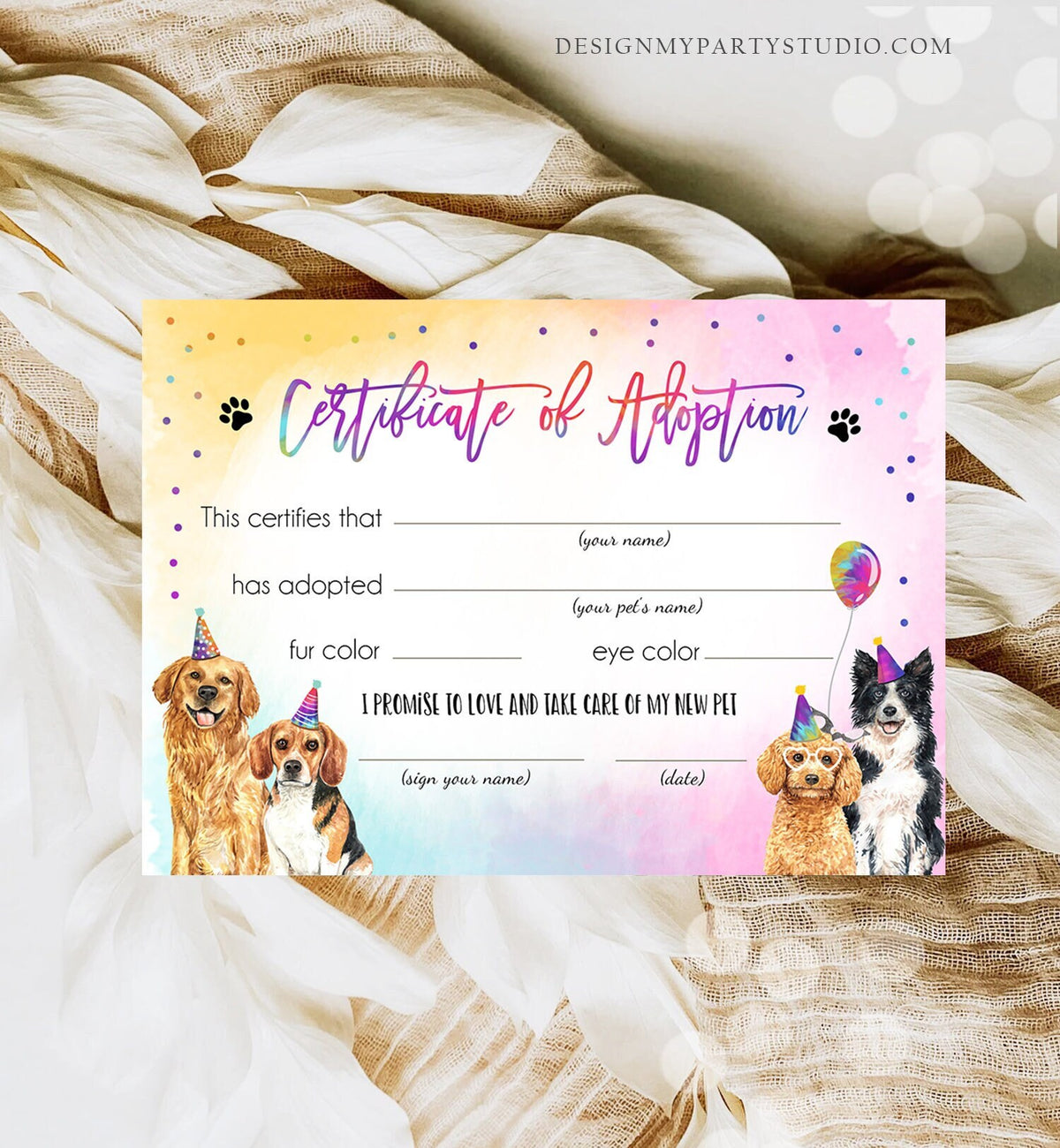 Pet Adoption Certificate Dogs Adoption Dog Birthday Party Adopt A Puppy Girl Pink Pawty Adoption Instant Download Digital Printable 0460