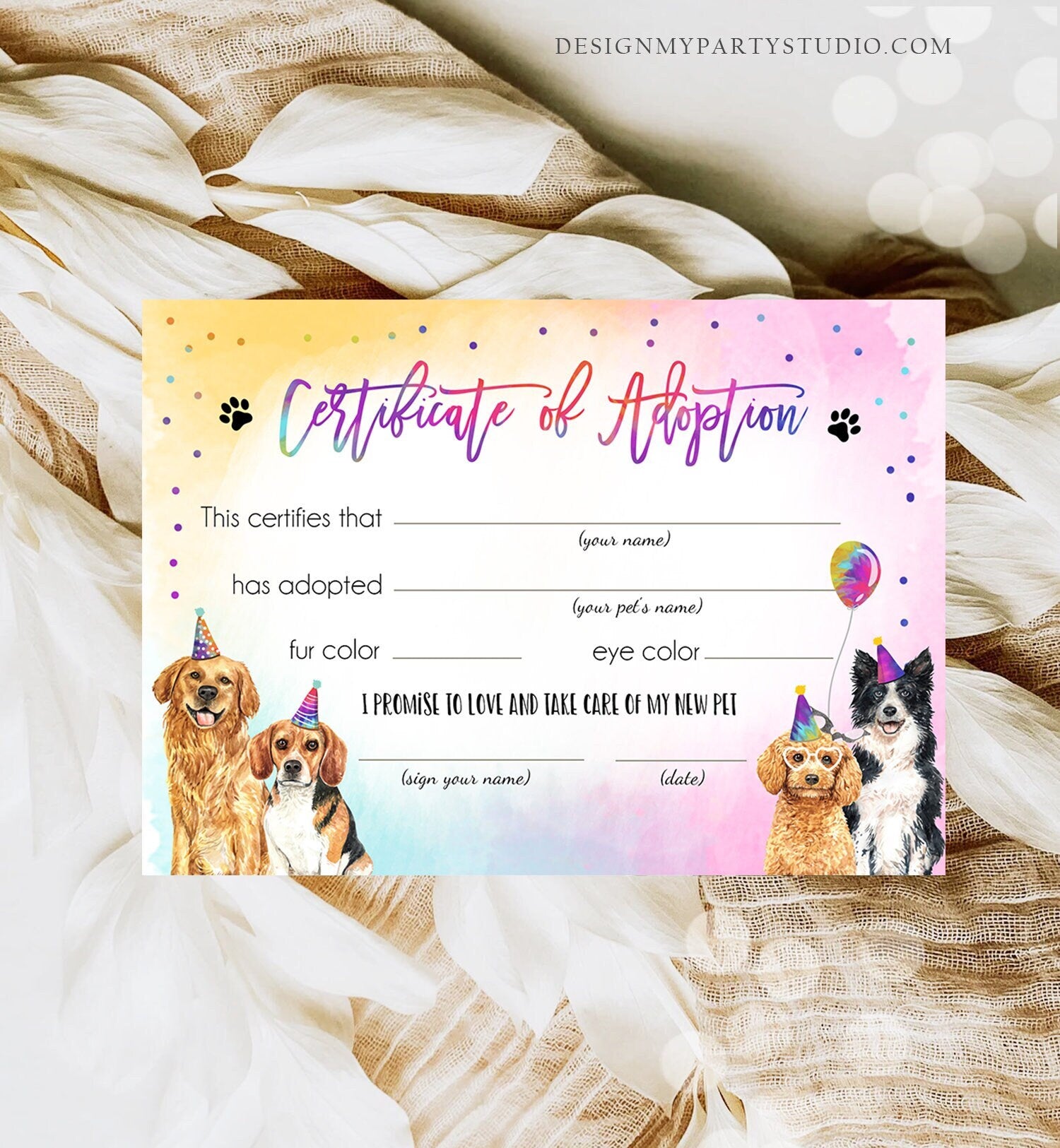 Pet Adoption Certificate Dogs Adoption Dog Birthday Party Adopt A Puppy Girl Pink Pawty Adoption Instant Download Digital Printable 0460