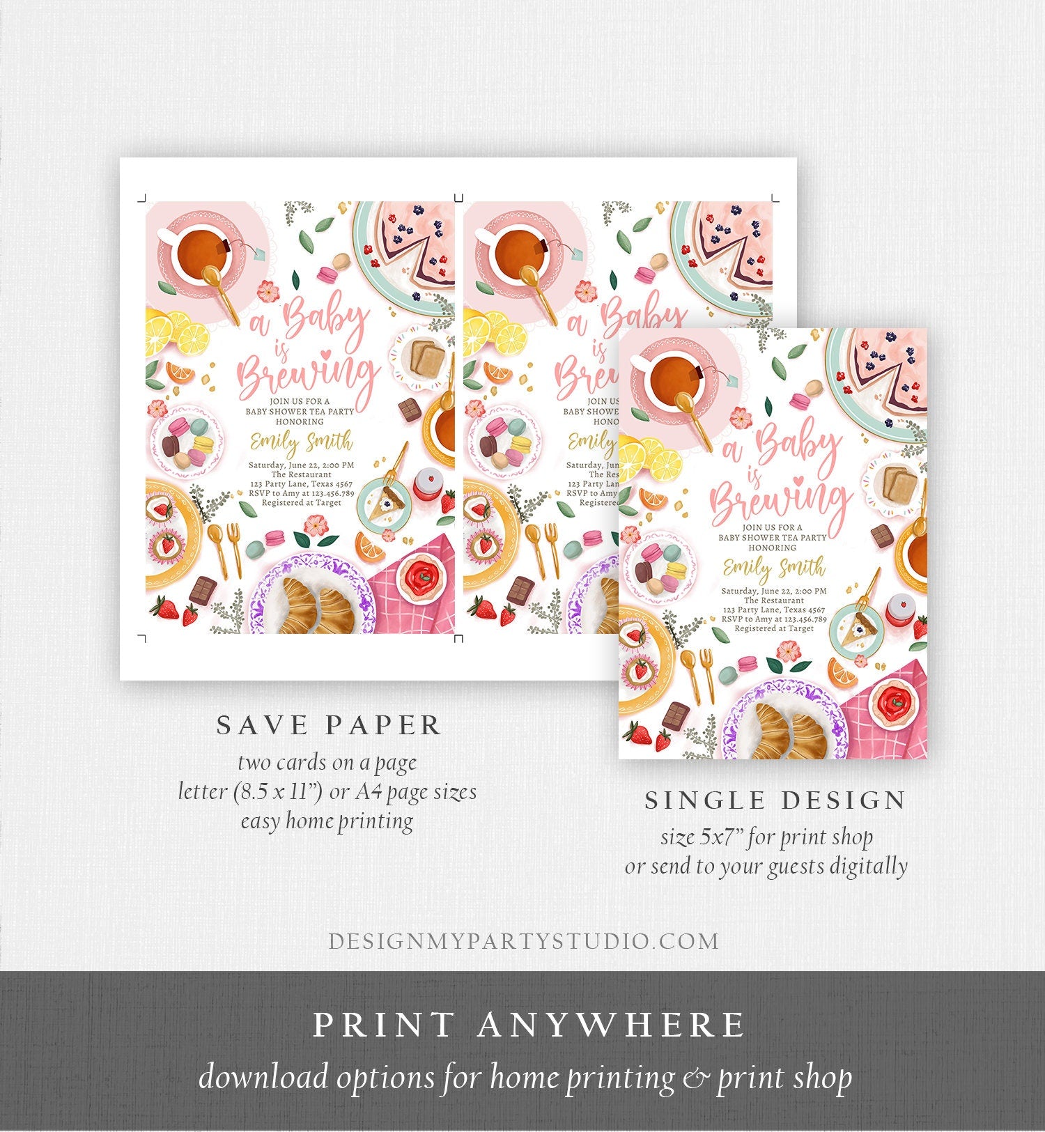 Editable Tea Party Baby Shower Invitation Tea Shower Sprinkle Floral Pink Gold Blush Brunch Pastry Digital Download Template Printable 0478