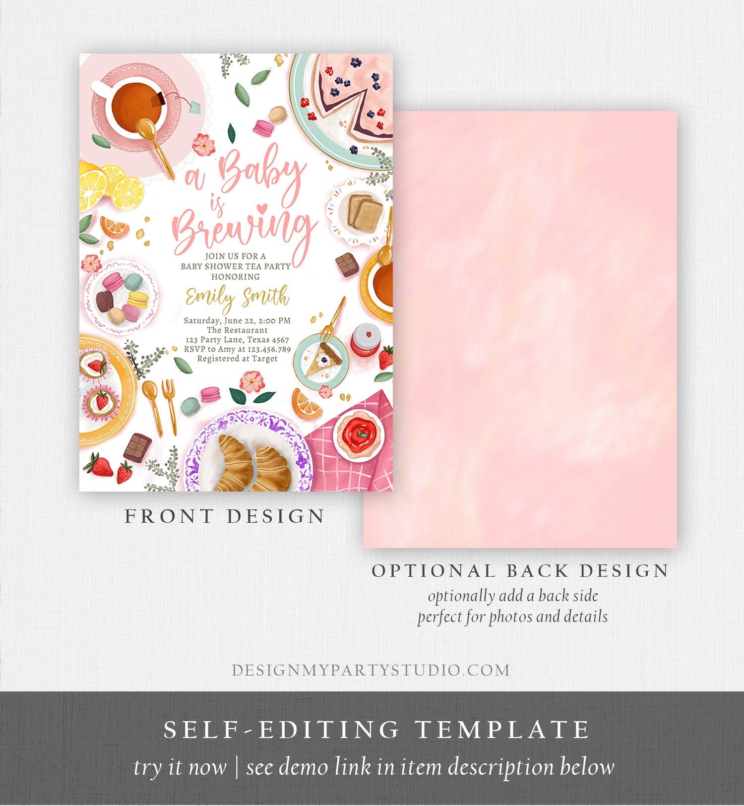 Editable Tea Party Baby Shower Invitation Tea Shower Sprinkle Floral Pink Gold Blush Brunch Pastry Digital Download Template Printable 0478