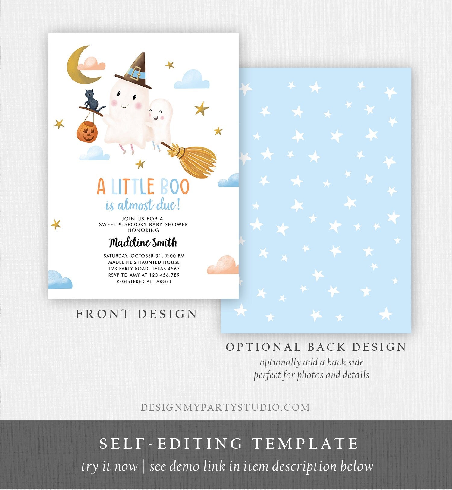 Editable Little Boo Baby Shower Invitation Cute Halloween Baby Boo Almost Due Couples Shower Blue Ghost Boy Digital Template Printable 0479