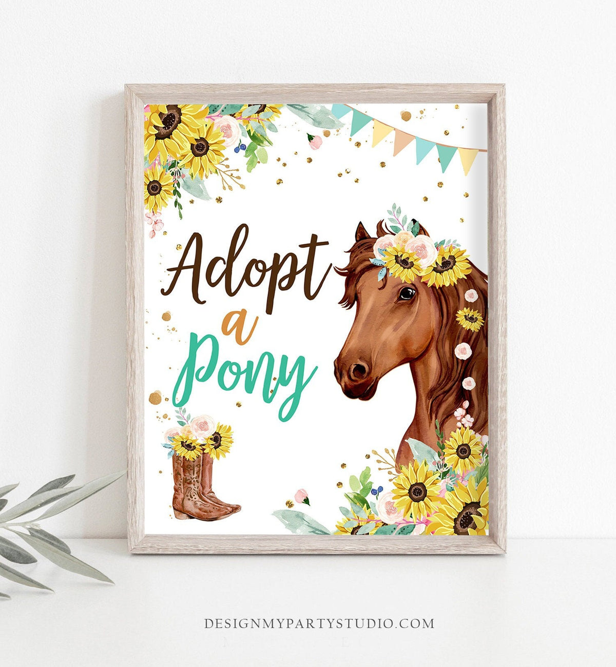 Adopt a Pony Sign Horse Party Sign Table Decor Floral Birthday Cowgirl Sunflowers Favors Farm Horseback Riding Pet Download Printable 0408