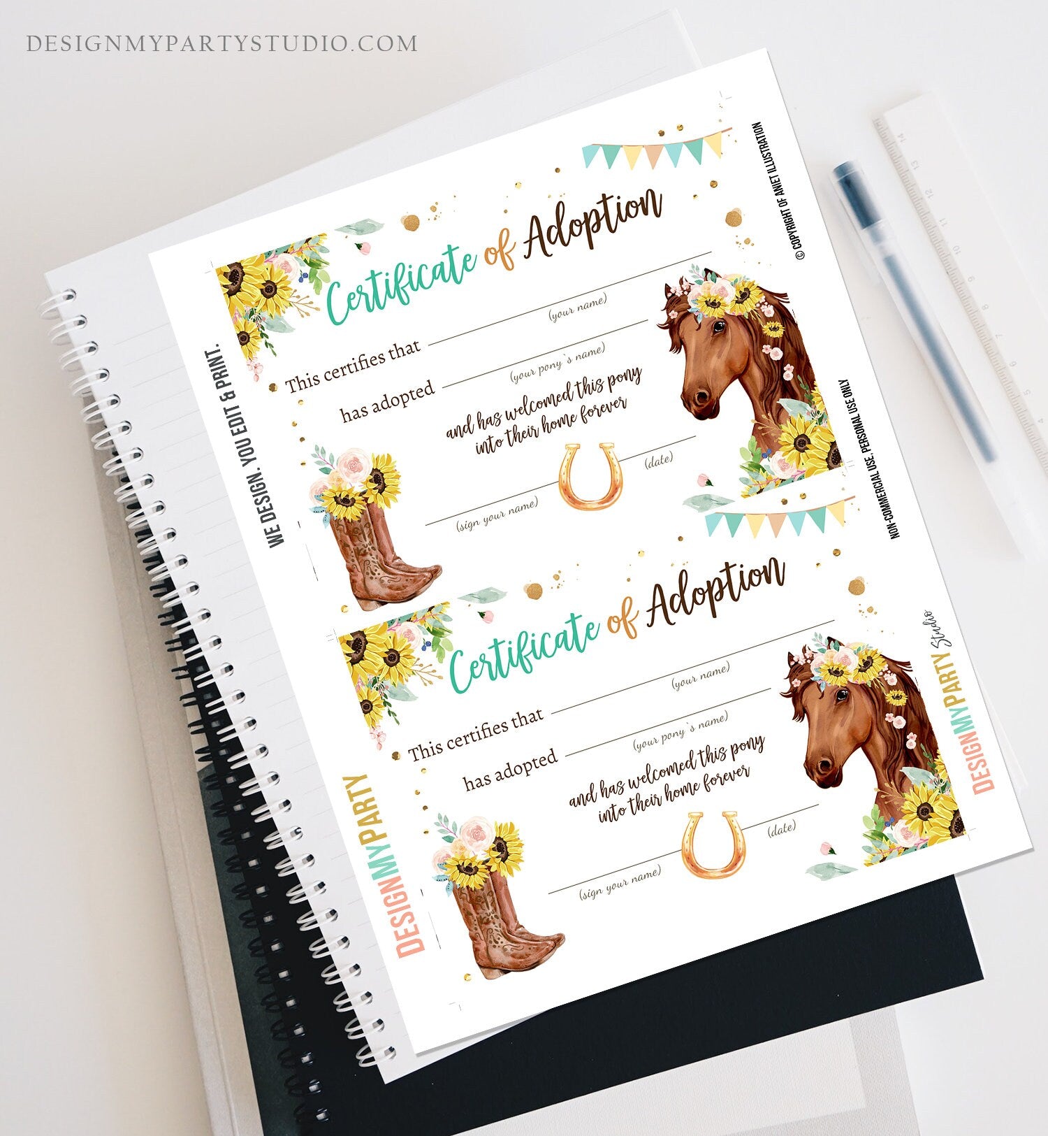 Adopt a Pony Adoption Certificate Horse Adoption Horse Birthday Party Pony Sunflowers Girl Horseback Riding Download Digital Printable 0408