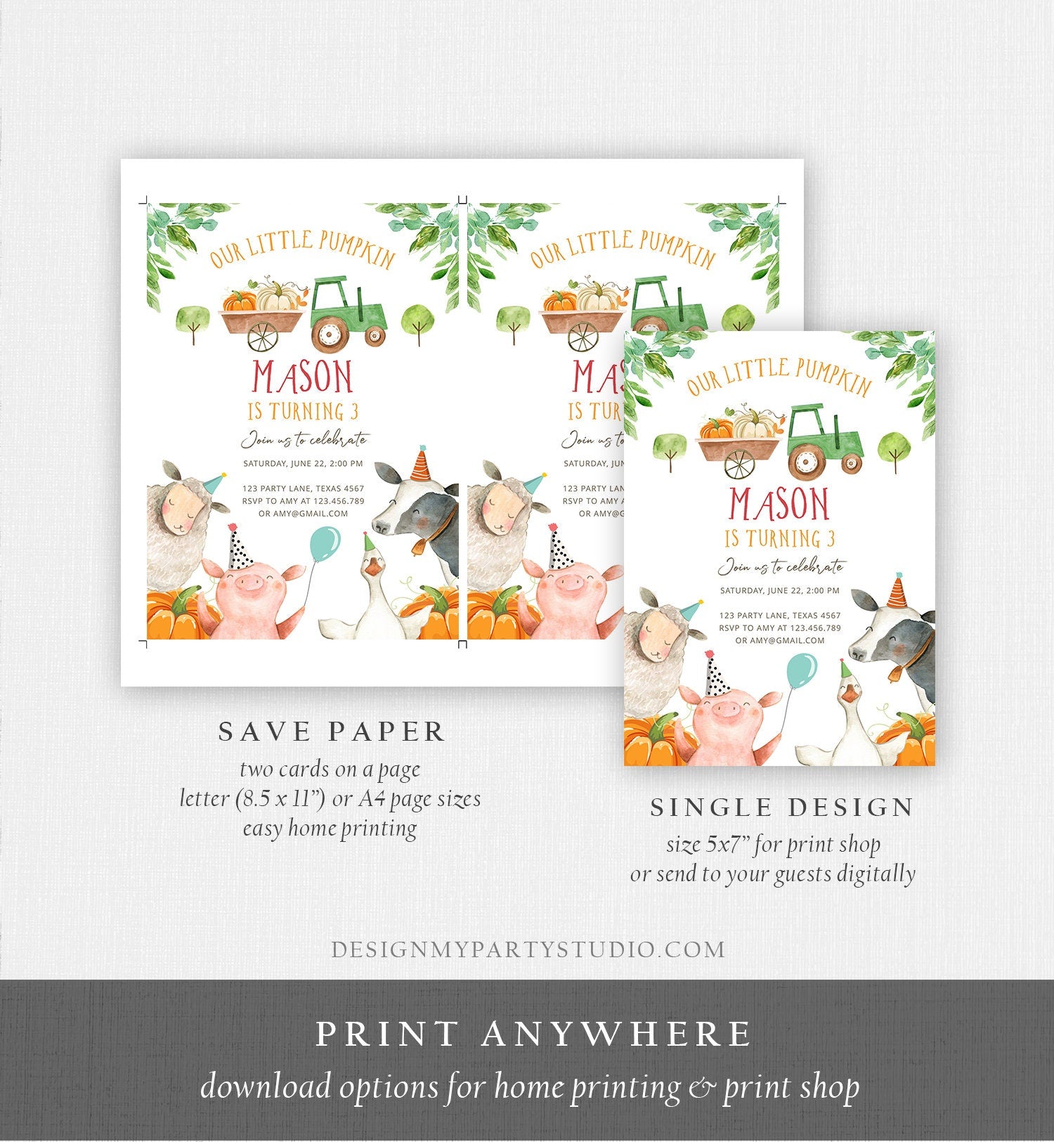 Editable Farm Birthday Invitation Pumpkin Boy Farm Animals Boy Barnyard Fall Green Tractor Download Digital Template Printable 0155