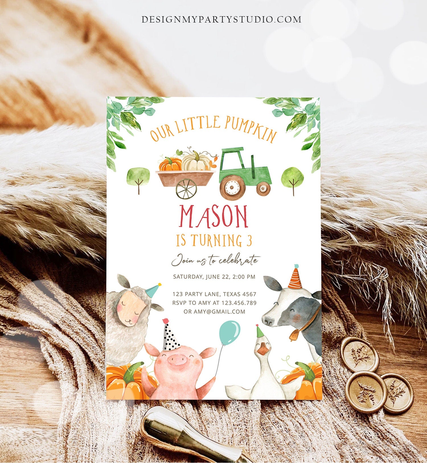 Editable Farm Birthday Invitation Pumpkin Boy Farm Animals Boy Barnyard Fall Green Tractor Download Digital Template Printable 0155