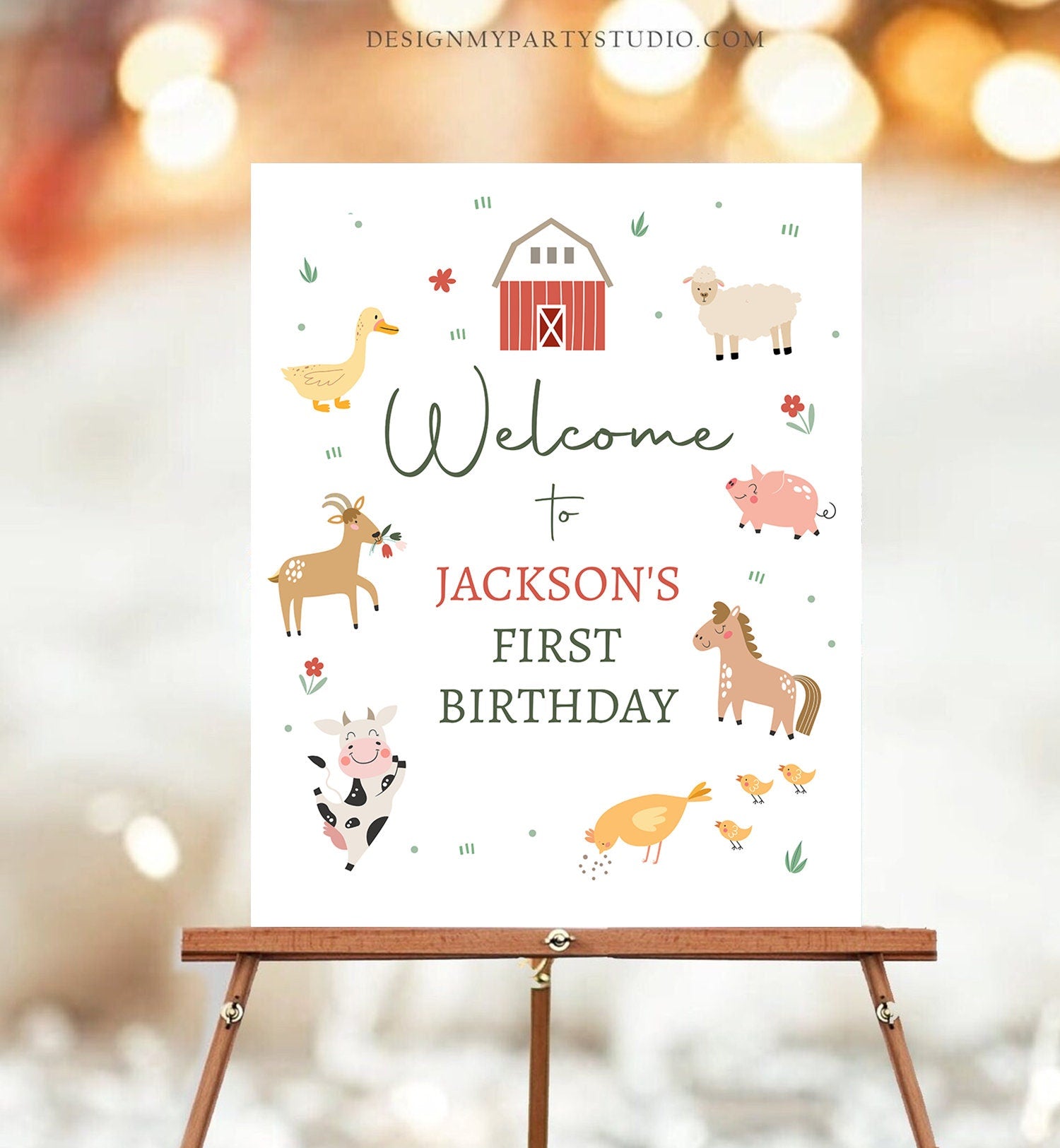 Editable Farm Birthday Welcome Sign Barnyard Birthday Welcome Sign Farm Animals Birthday Sign Boy Red Modern Template Corjl PRINTABLE 0436