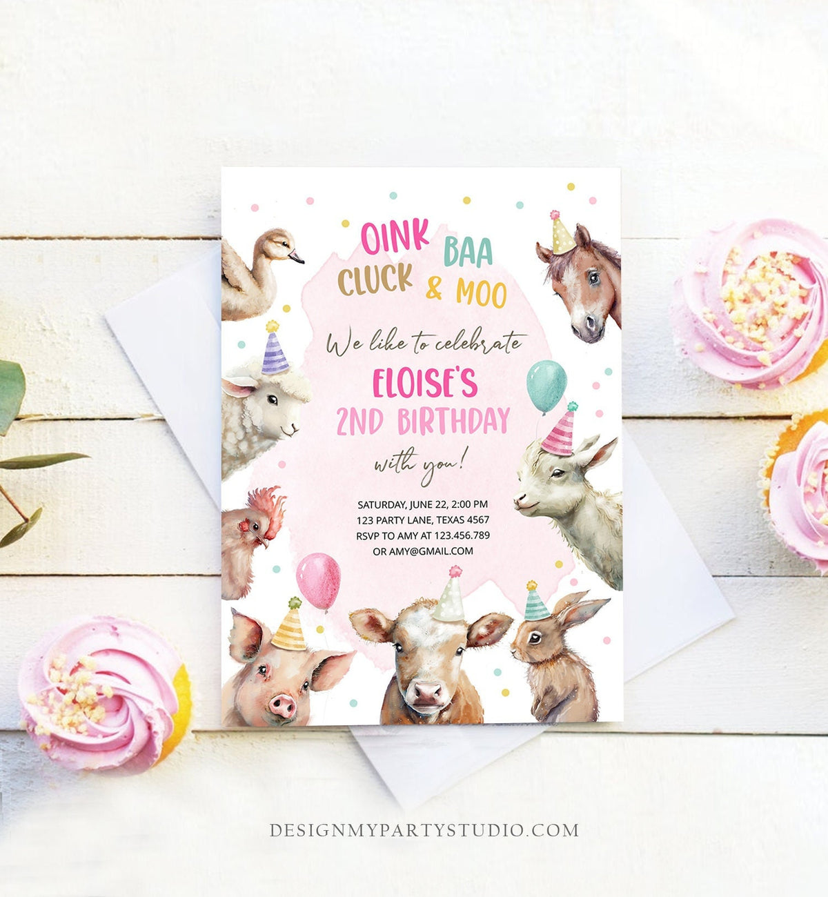 Editable Farm Birthday Invitation Girl Farm Animals Pink Barnyard Party Confetti Download Printable Invitation Template Digital Corjl 0448