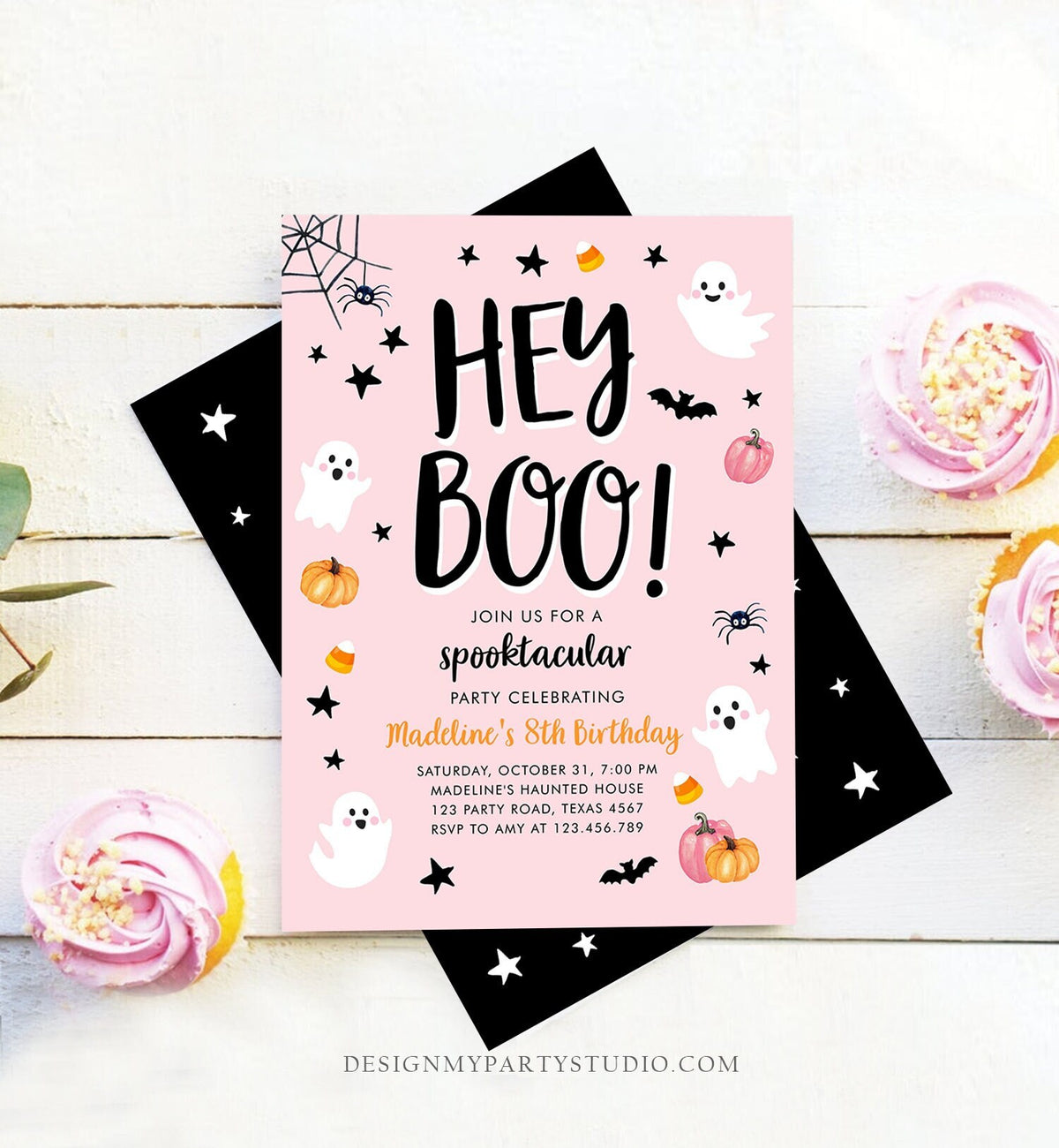 Editable Halloween Birthday Invitation Pink Ghost Costume Party Girl Pink Kids Spooktacular Spooky Hey Boo Printable Template Corjl 0418