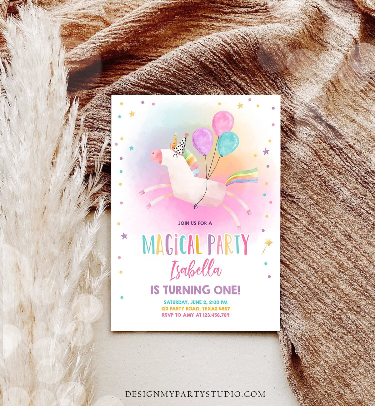 Editable Unicorn Birthday Invitation Magical Party Invite Girl Pink First Birthday Digital Invite Template Rainbow Download Corjl 0336