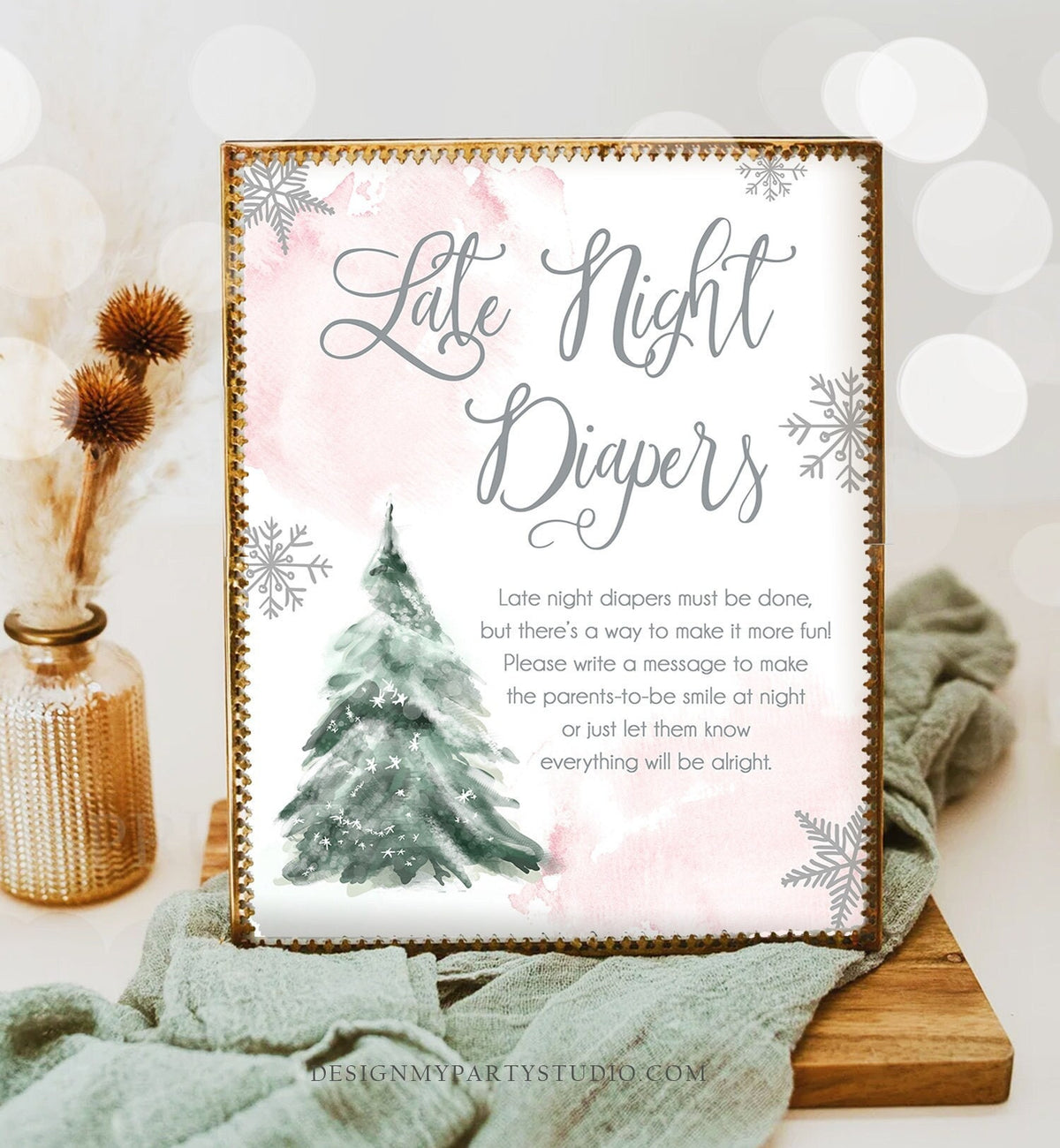 Late Night Diapers Sign Winter Tree Watercolor Snowflake Baby Shower Sign Diaper Table Girl Cold Outside Shower Download Printable 0363