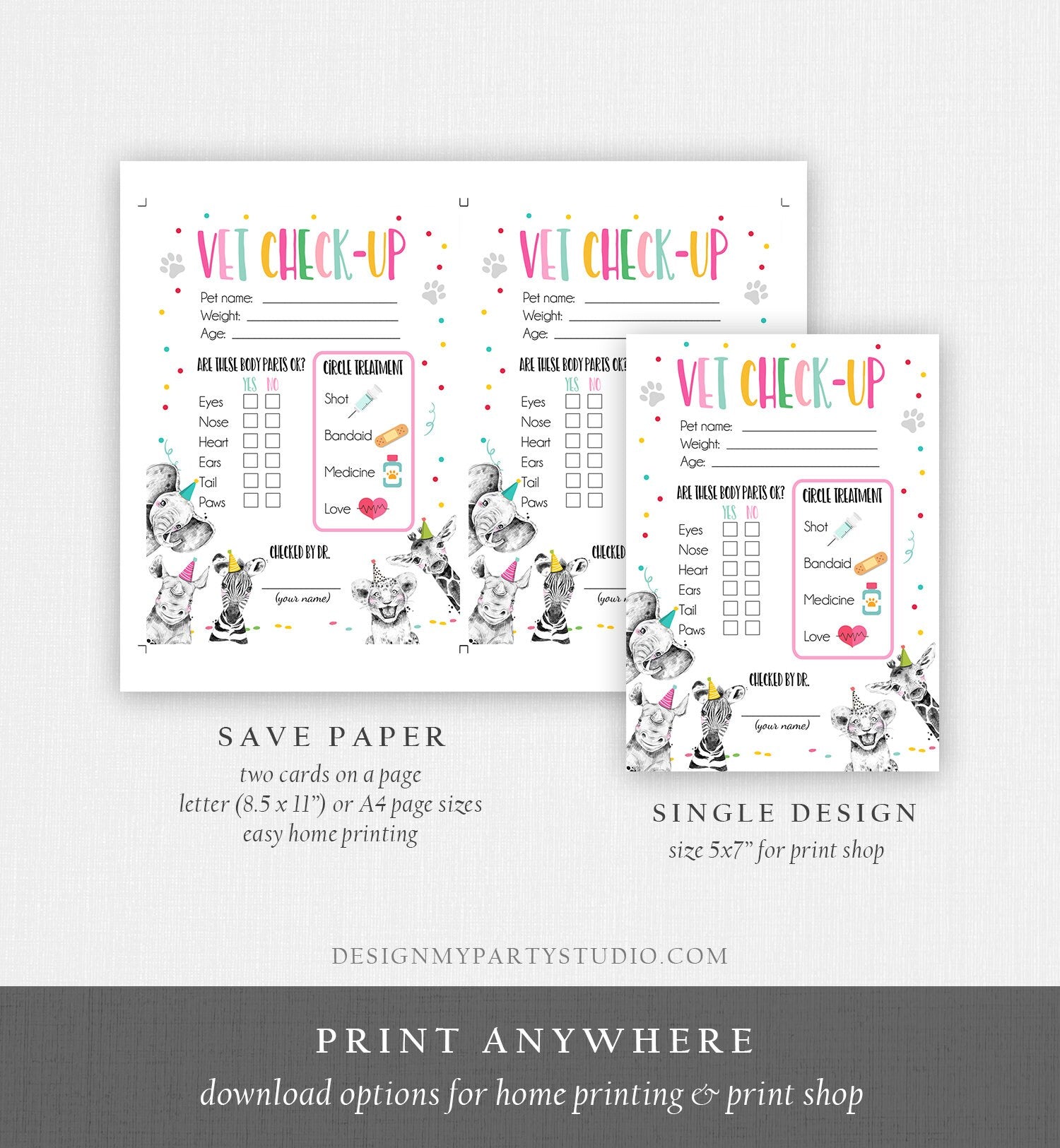 Vet Check Up Exam Sheet Pet Check-Up Party Animals Birthday Party Safari Zoo Vet Hospital Adoption Adopt a Pet Girl Download Printable 0390