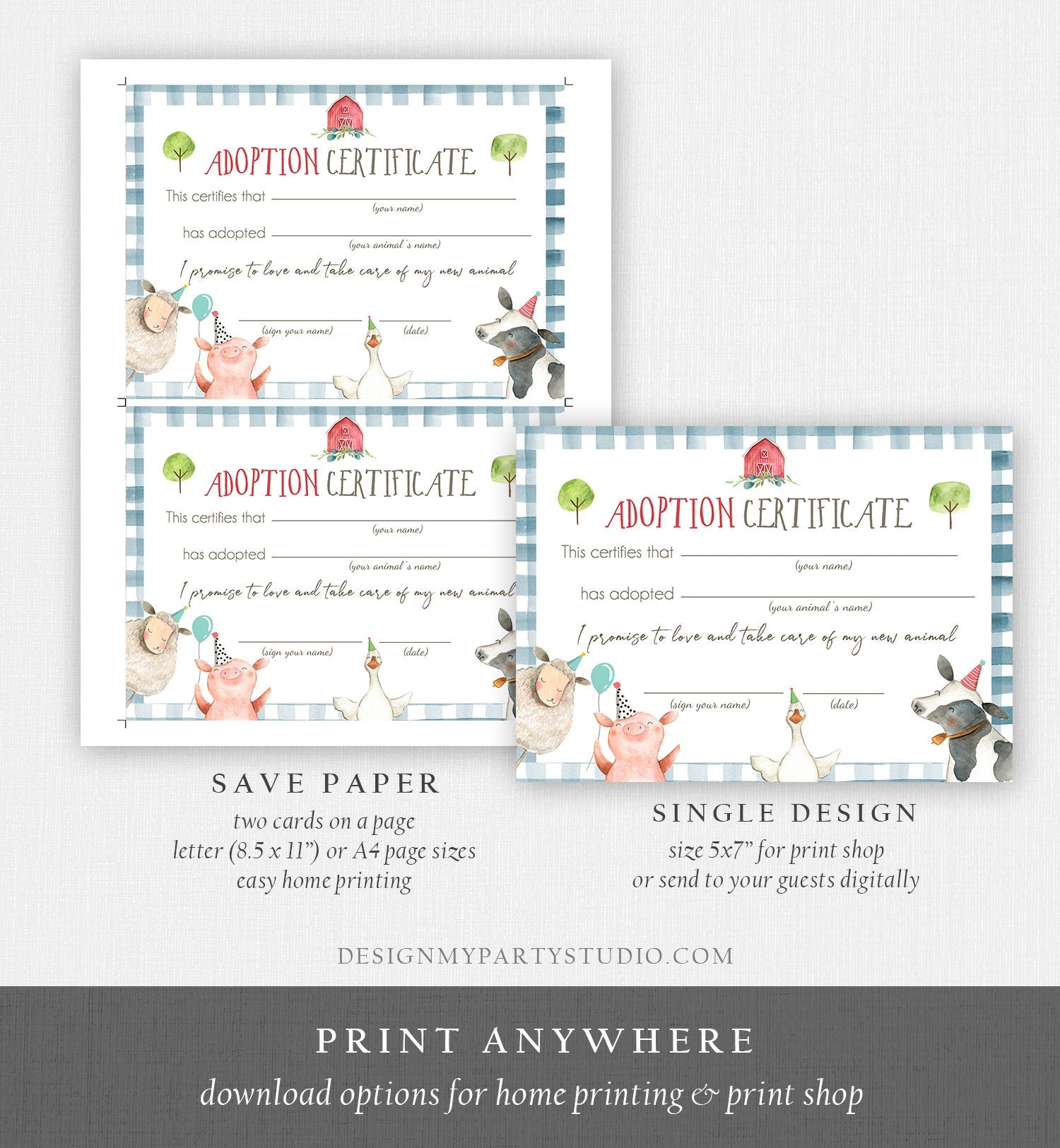 Adopt an Animal Adoption Certificate Farm Animals Adoption Red Barn Farm Birthday Party Barnyard Boy Blue Digital Download Printable 0155