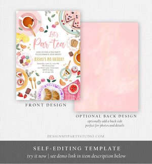Editable Tea Party Birthday Invitation Girl Par-Tea Invite Floral Pink Gold Whimsical Tea Download Printable Template Corjl Digital 0478