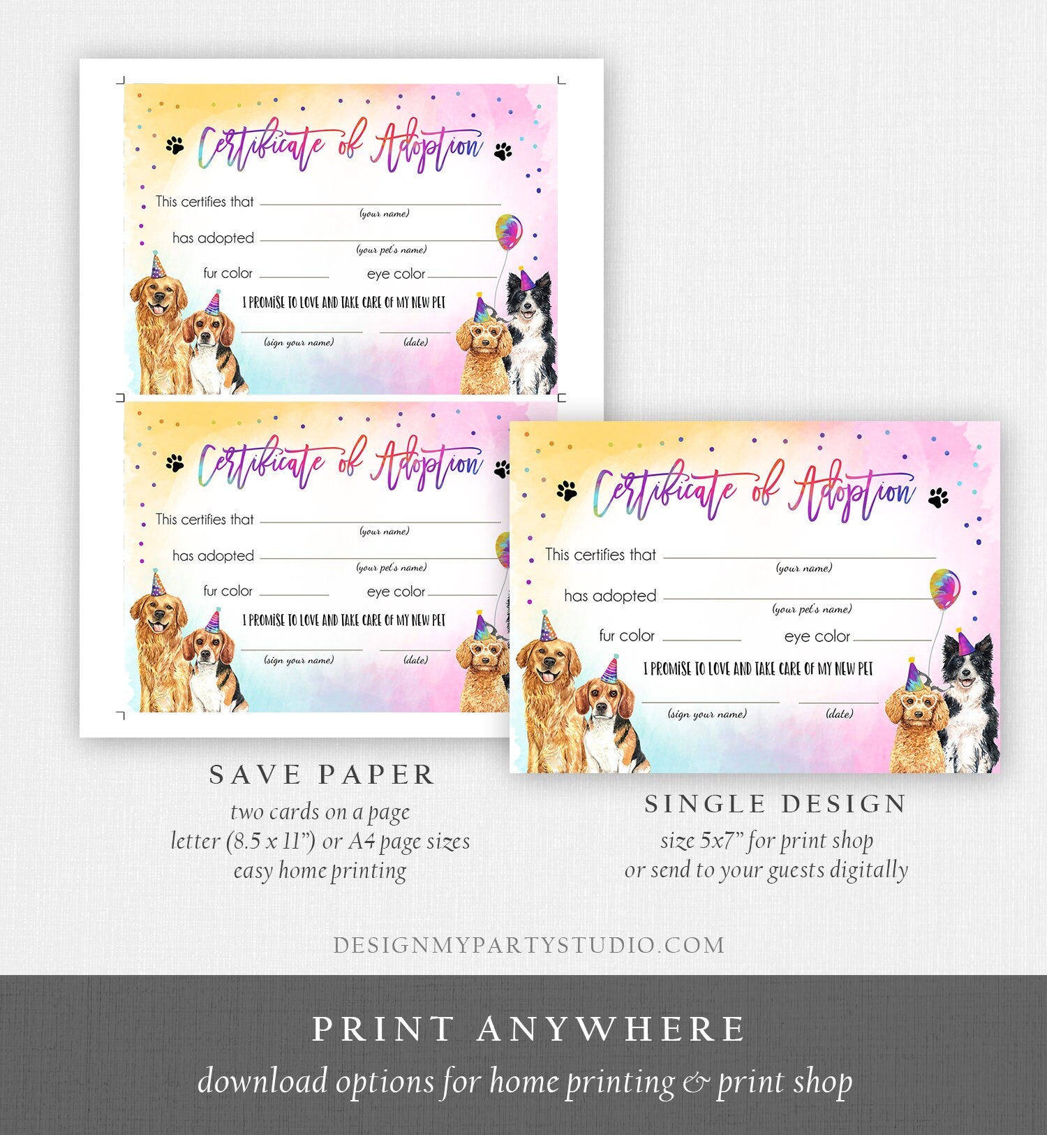 Pet Adoption Certificate Dogs Adoption Dog Birthday Party Adopt A Puppy Girl Pink Pawty Adoption Instant Download Digital Printable 0460