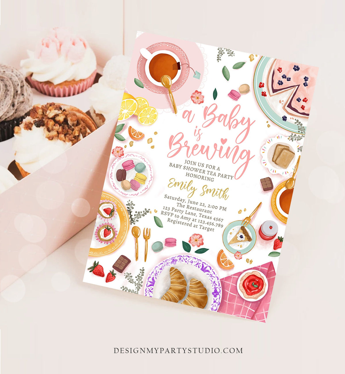 Editable Tea Party Baby Shower Invitation Tea Shower Sprinkle Floral Pink Gold Blush Brunch Pastry Digital Download Template Printable 0478