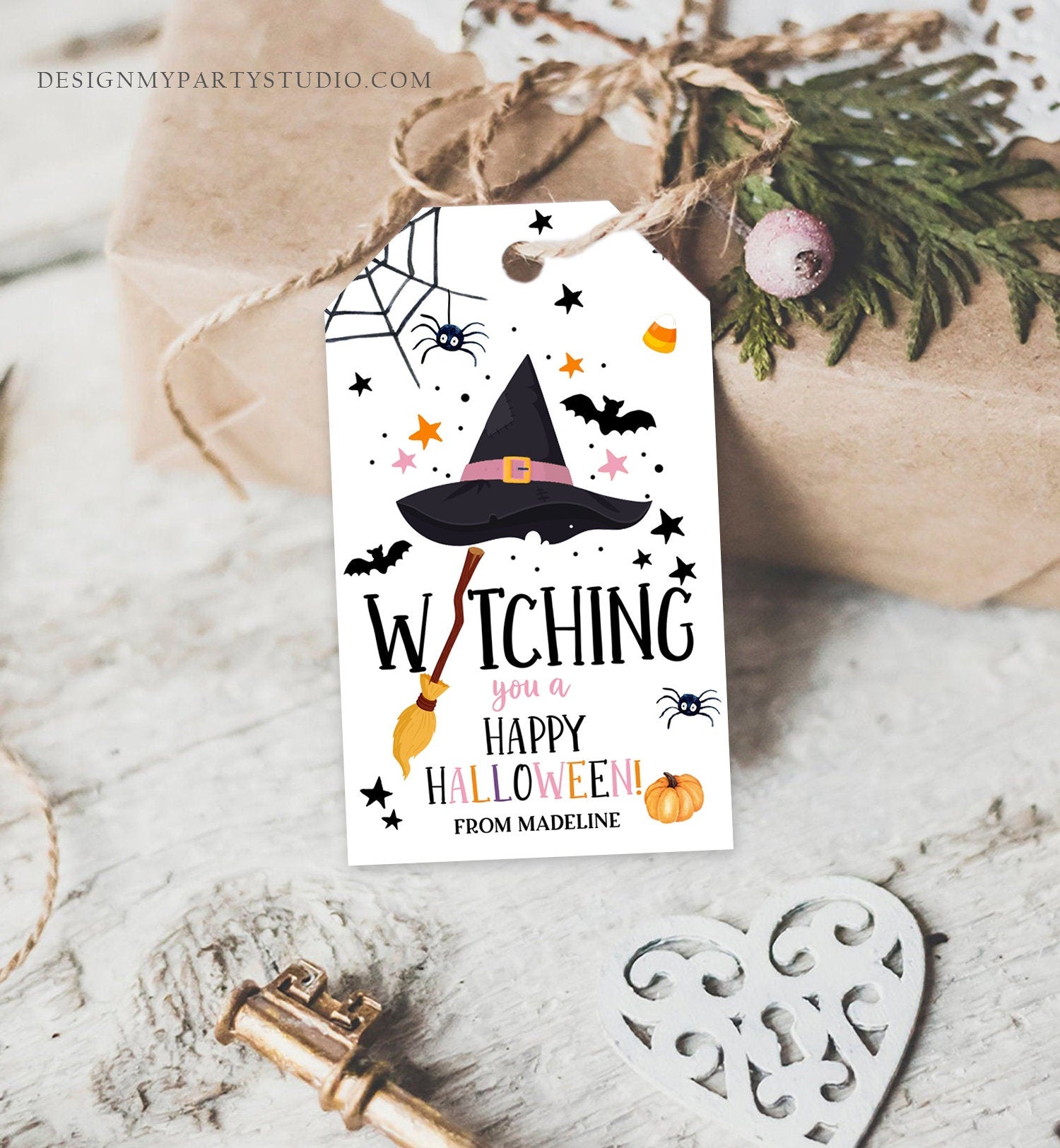 Editable Halloween Favor Tags Witching You a Happy Halloween Trick Or Treat Favor Tags Birthday Party Download Printable Template Corjl 0261