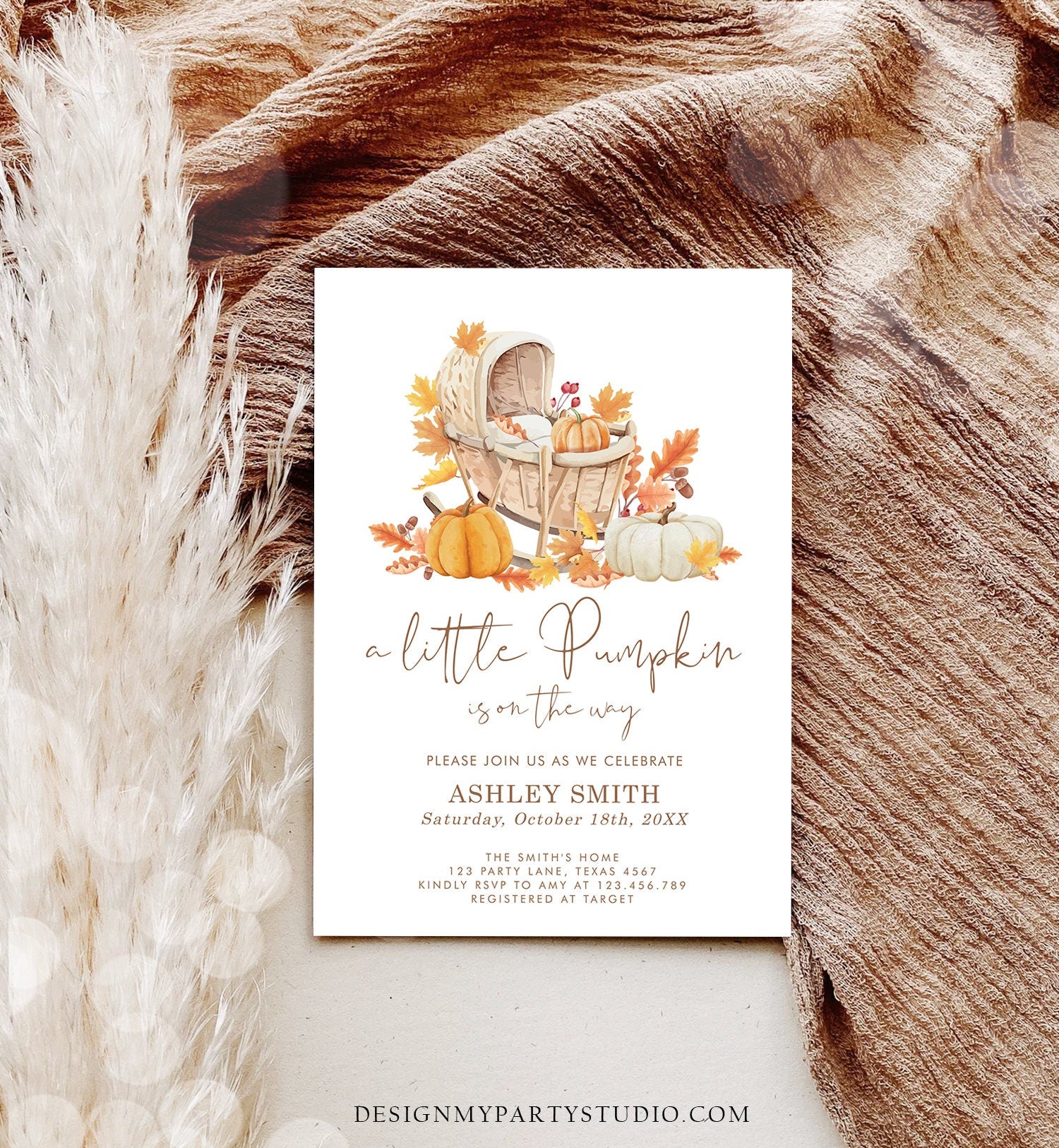 Editable Little Pumpkin Baby Shower Invitation Falling in Love Baby Shower Gender Neutral Autumn Floral Crib Digital Template Printable 0487