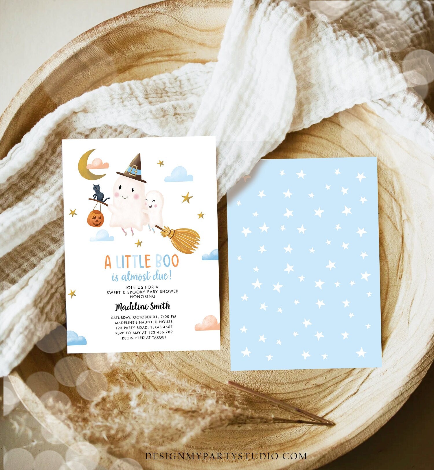 Editable Little Boo Baby Shower Invitation Cute Halloween Baby Boo Almost Due Couples Shower Blue Ghost Boy Digital Template Printable 0479