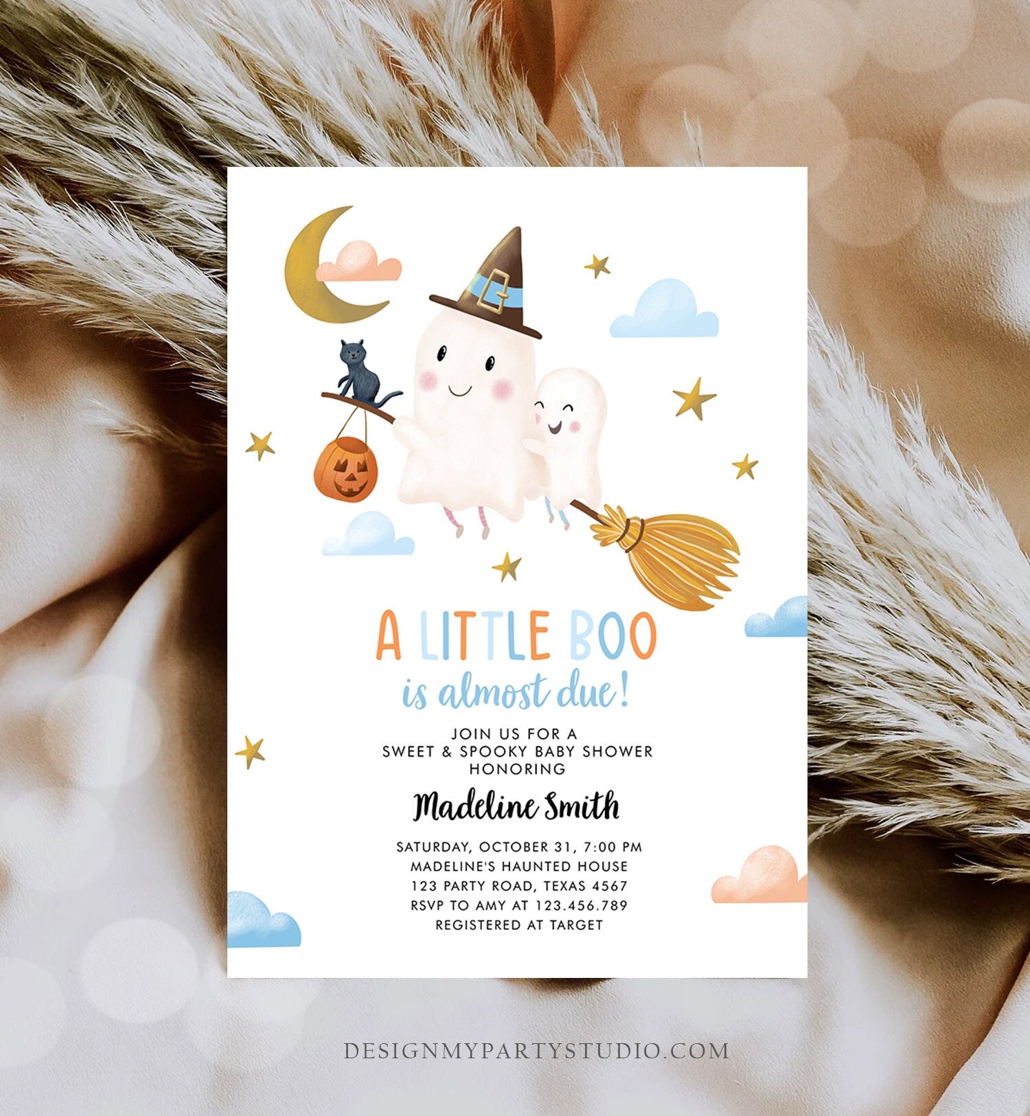 Editable Little Boo Baby Shower Invitation Cute Halloween Baby Boo Almost Due Couples Shower Blue Ghost Boy Digital Template Printable 0479