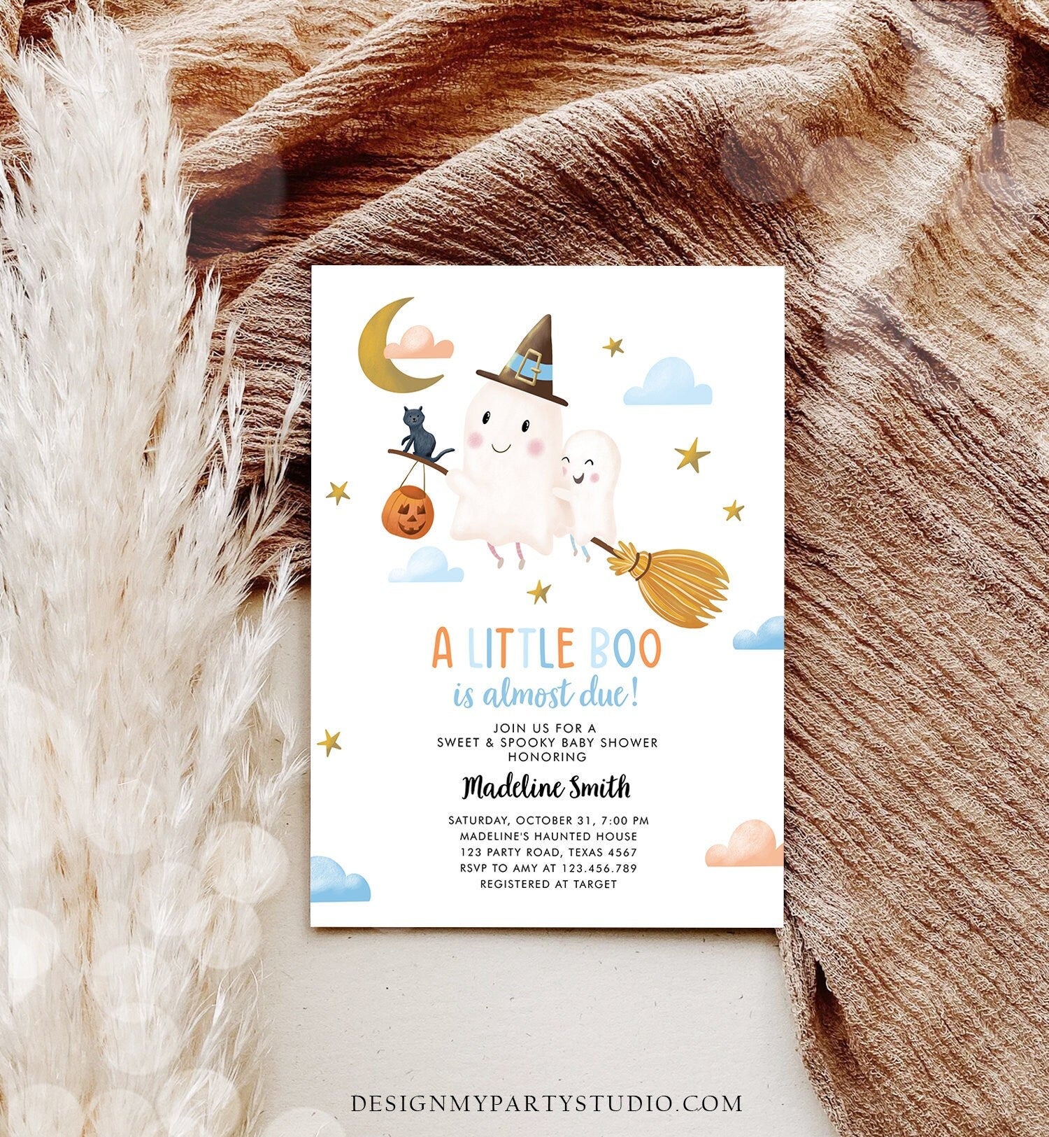 Editable Little Boo Baby Shower Invitation Cute Halloween Baby Boo Almost Due Couples Shower Blue Ghost Boy Digital Template Printable 0479