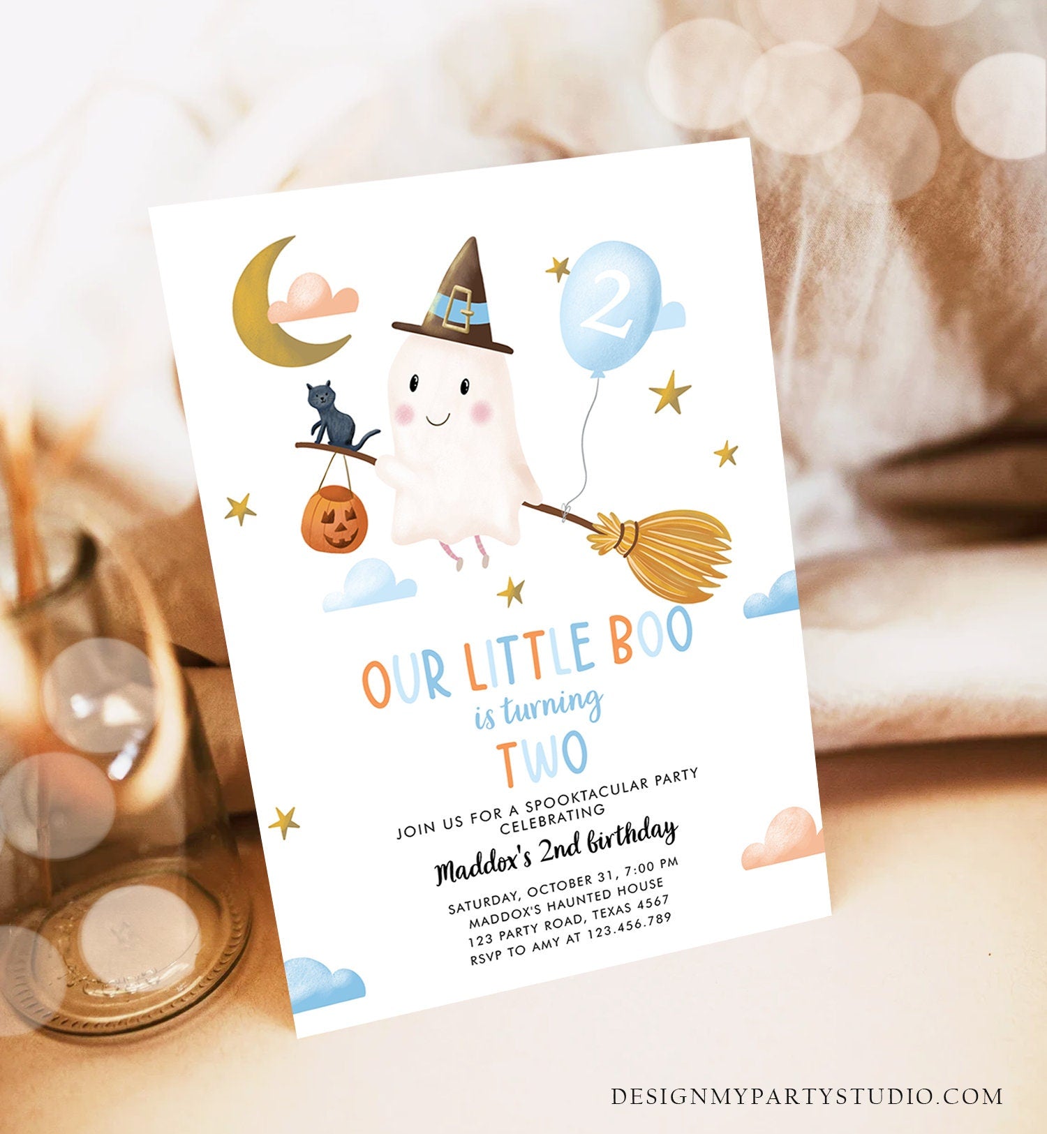 Editable Halloween 2nd Birthday Invitation Pink Ghost Costume Party Girl Pink Boo Spooktacular Spooky Download Template Corjl 0479 0009