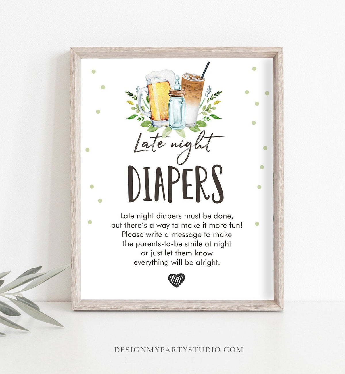 Late Night Diapers Sign Baby is Brewing Baby Shower Sign Bottles and Beers Greenery Cold Brew Shower Game Diaper Thoughts Printable 0190