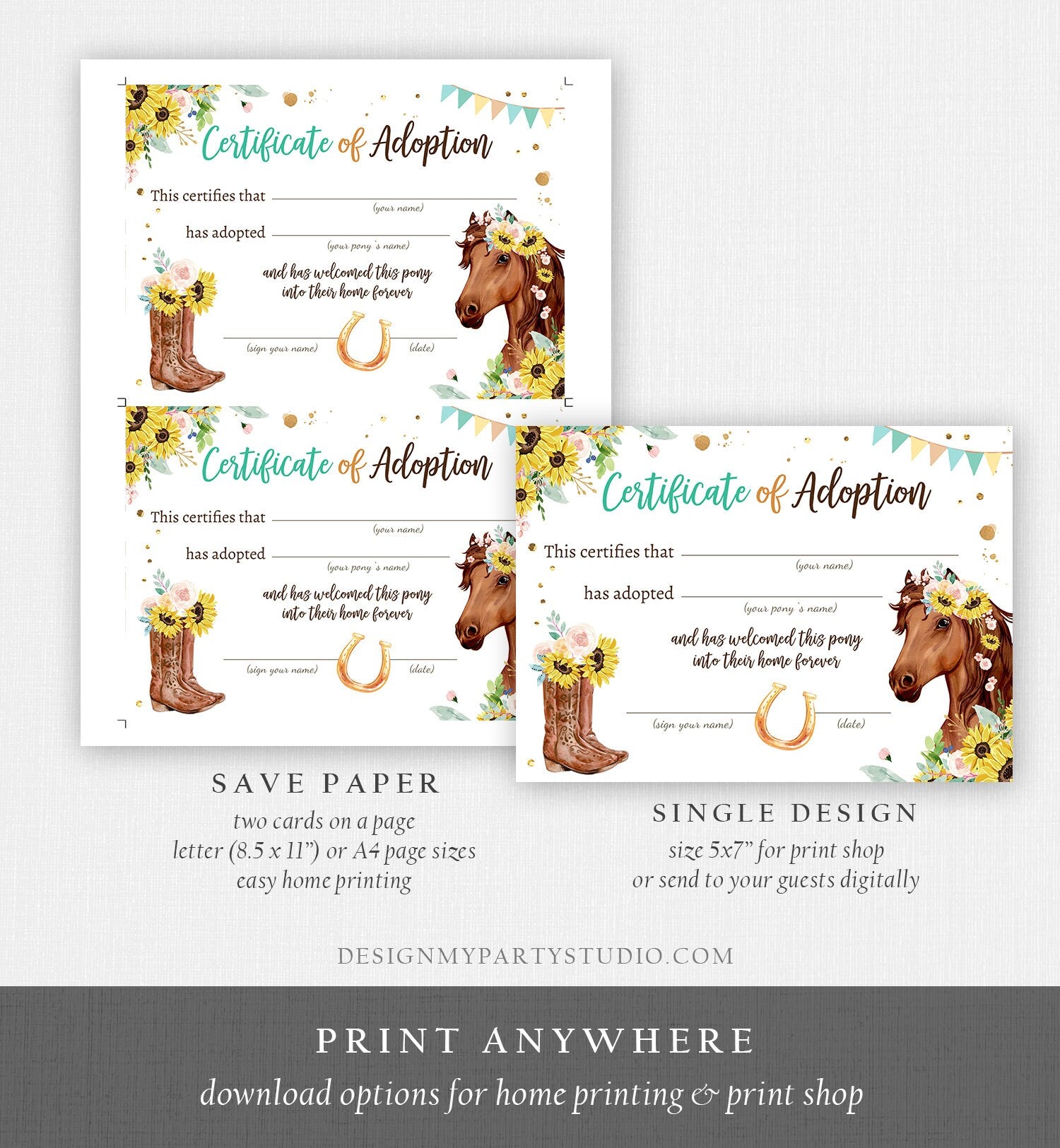 Adopt a Pony Adoption Certificate Horse Adoption Horse Birthday Party Pony Sunflowers Girl Horseback Riding Download Digital Printable 0408