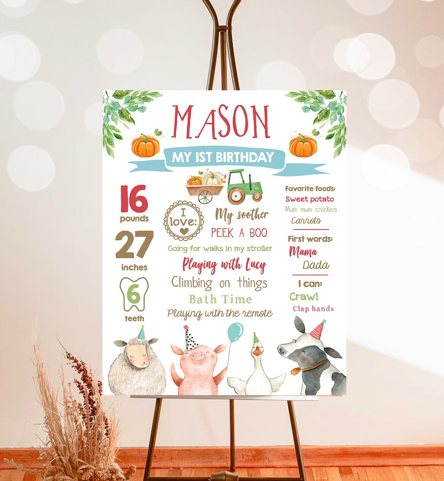 Editable Pumpkin Farm Animals Birthday Milestones Sign Boy Blue Green Tractor Fall Barnyard Bash Autumn Download Template Printable 0155