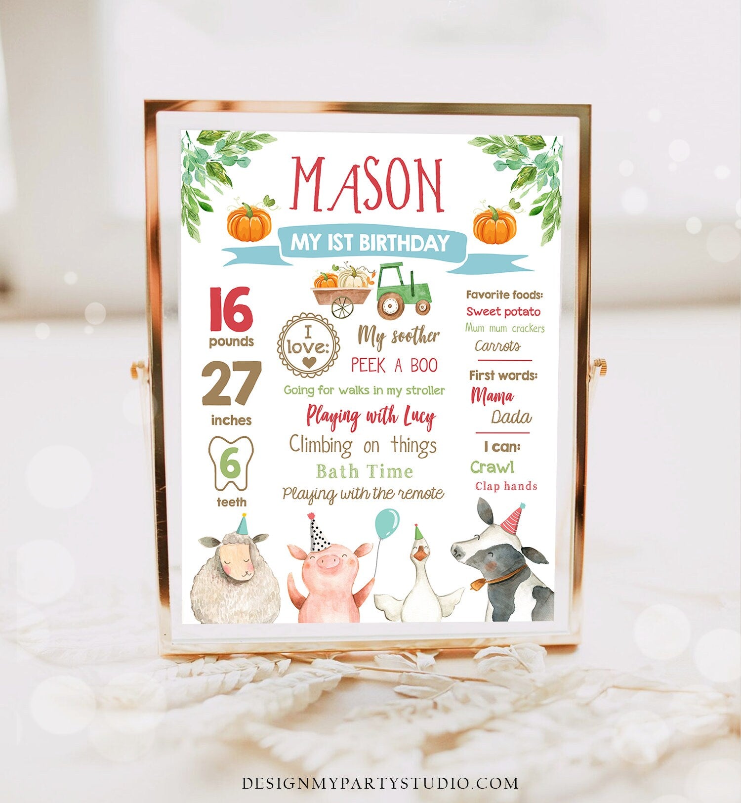 Editable Pumpkin Farm Animals Birthday Milestones Sign Boy Blue Green Tractor Fall Barnyard Bash Autumn Download Template Printable 0155