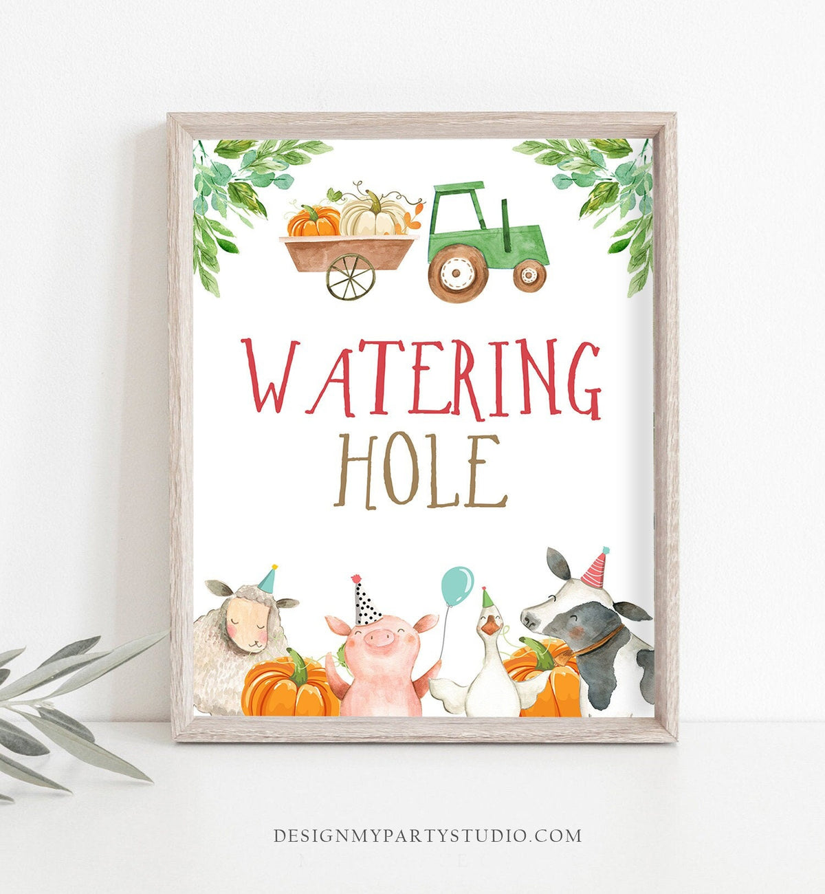 Watering Hole Birthday Sign Drink Table Green Tractor Pumpkin Farm Birthday Boy Farm Animals Table Sign Barnyard Decor Drinks Printable 0155