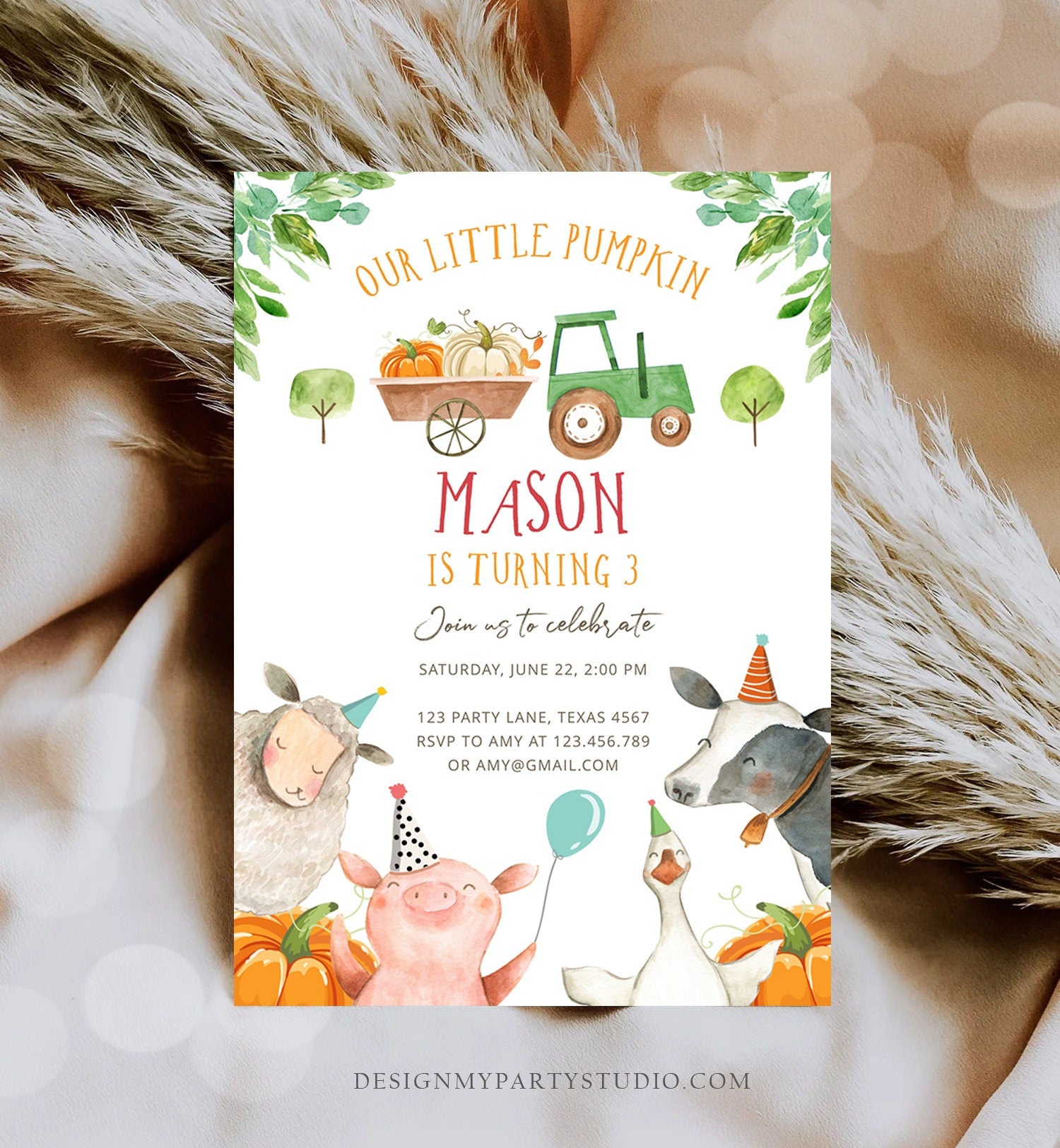 Editable Farm Birthday Invitation Pumpkin Boy Farm Animals Boy Barnyard Fall Green Tractor Download Digital Template Printable 0155