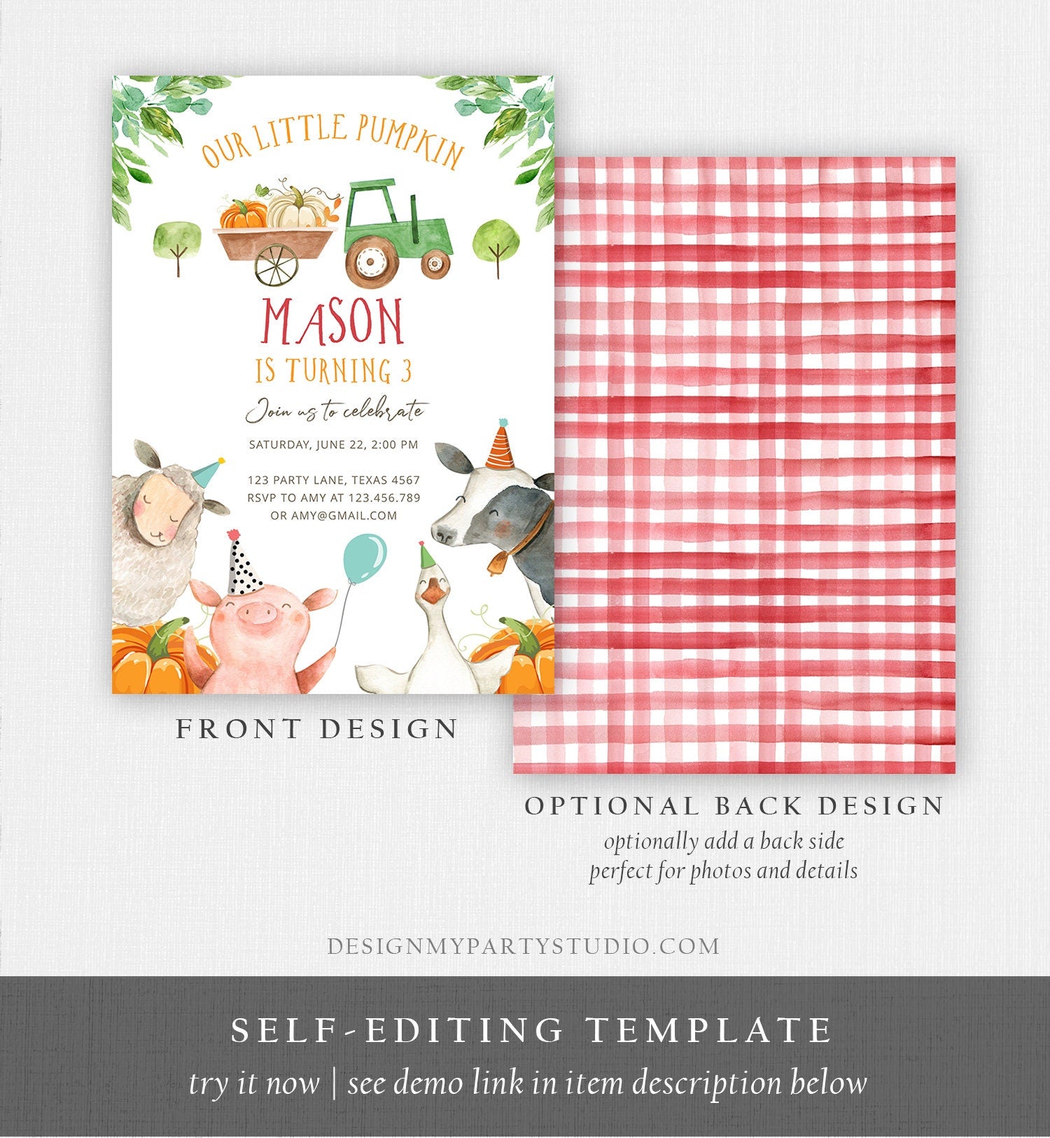 Editable Farm Birthday Invitation Pumpkin Boy Farm Animals Boy Barnyard Fall Green Tractor Download Digital Template Printable 0155