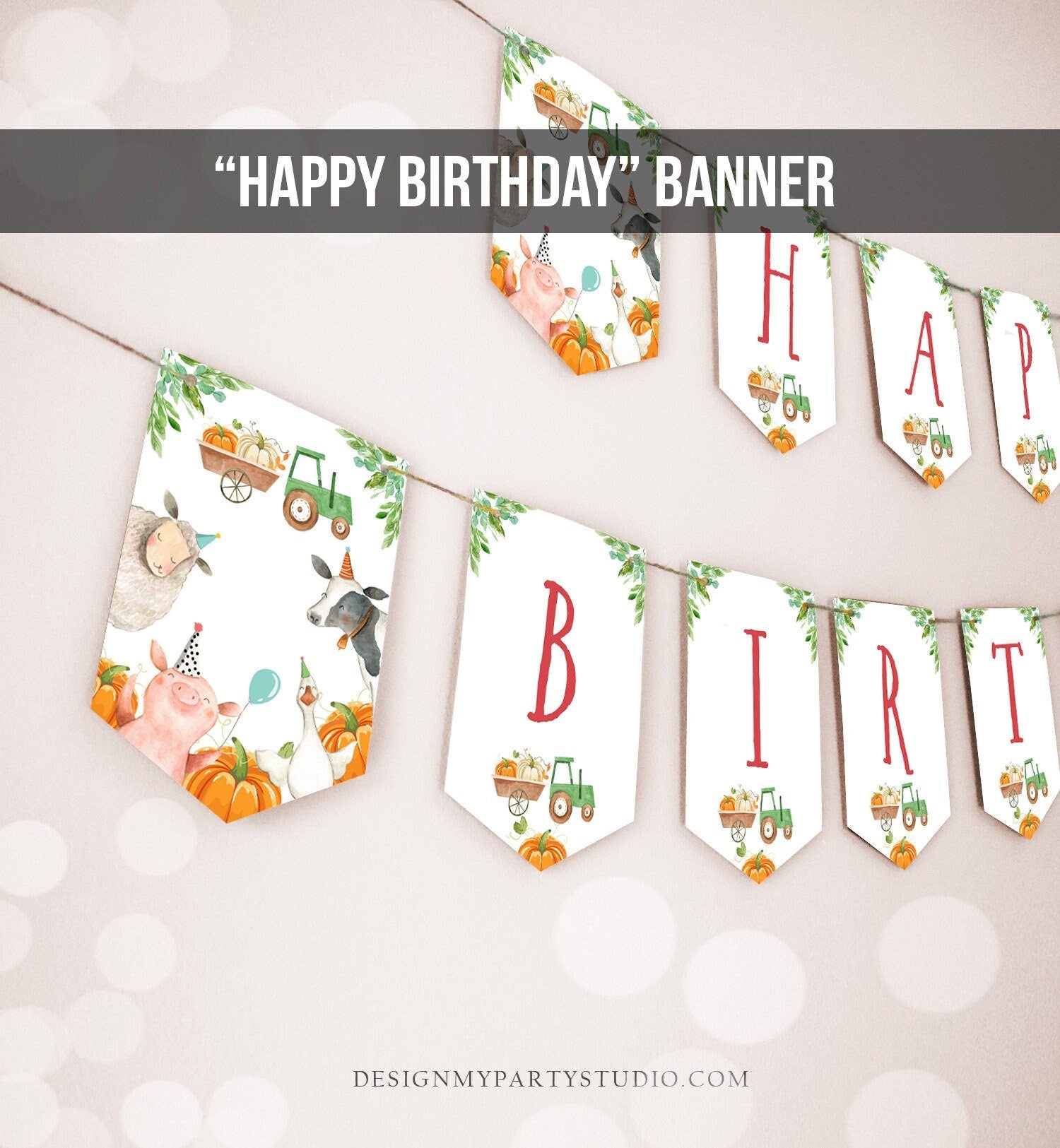 Happy Birthday Banner Pumpkin Farm Birthday Banner Farm Animals Boy Barnyard Decor Green Tractor Digital Download PRINTABLE DIY 0155