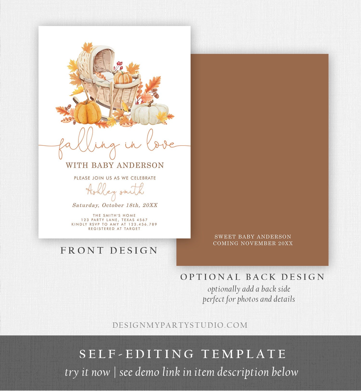 Editable Falling in Love Baby Shower Invitation Little Pumpkin Baby Shower Gender Neutral Autumn Floral Crib Corjl Template Printable 0487