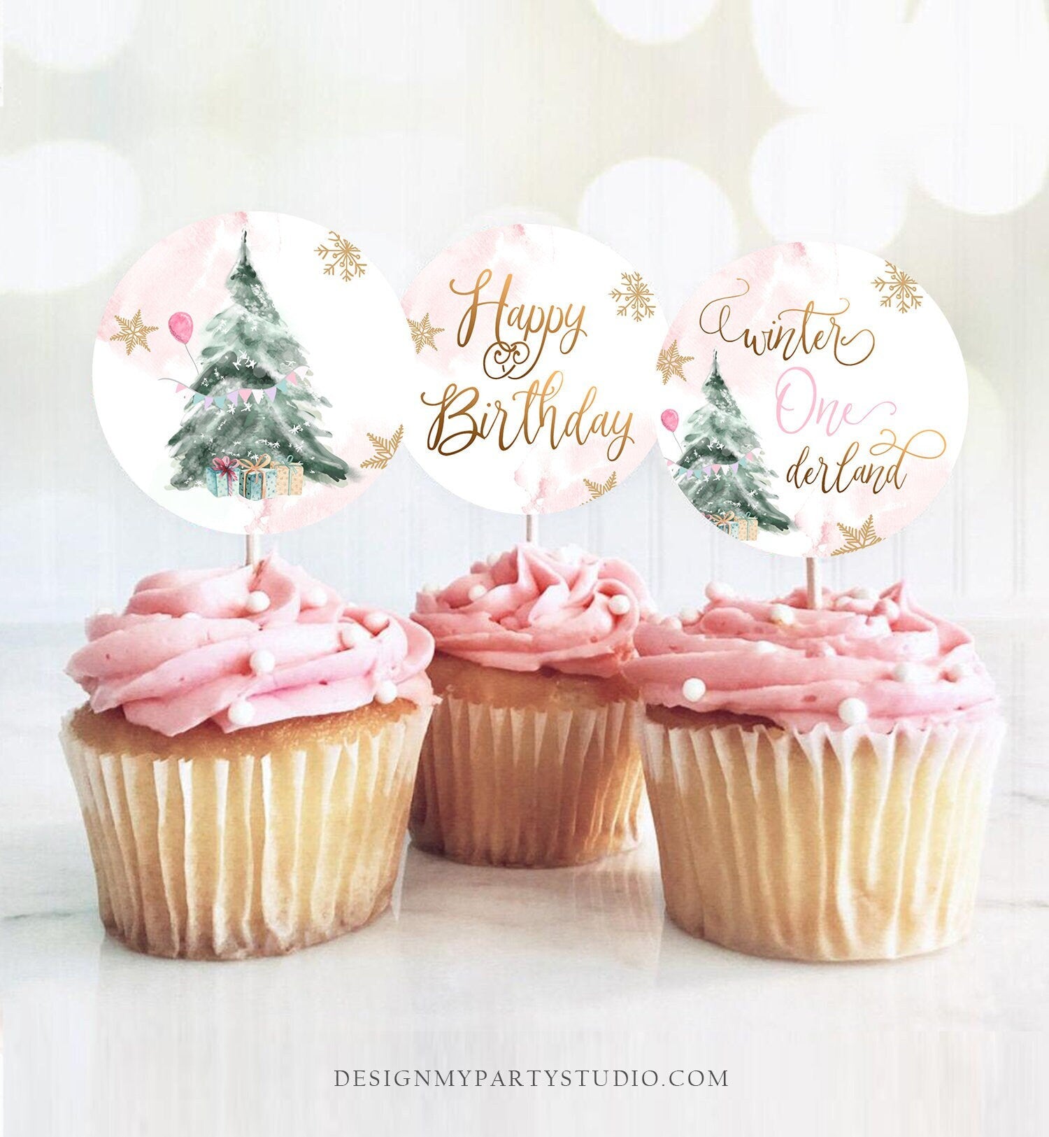 Winter ONEderland Cupcake Toppers Winter Tree Birthday Party Decorations Oh What Fun Gold Pink Stickers Tags Download Digital PRINTABLE 0363