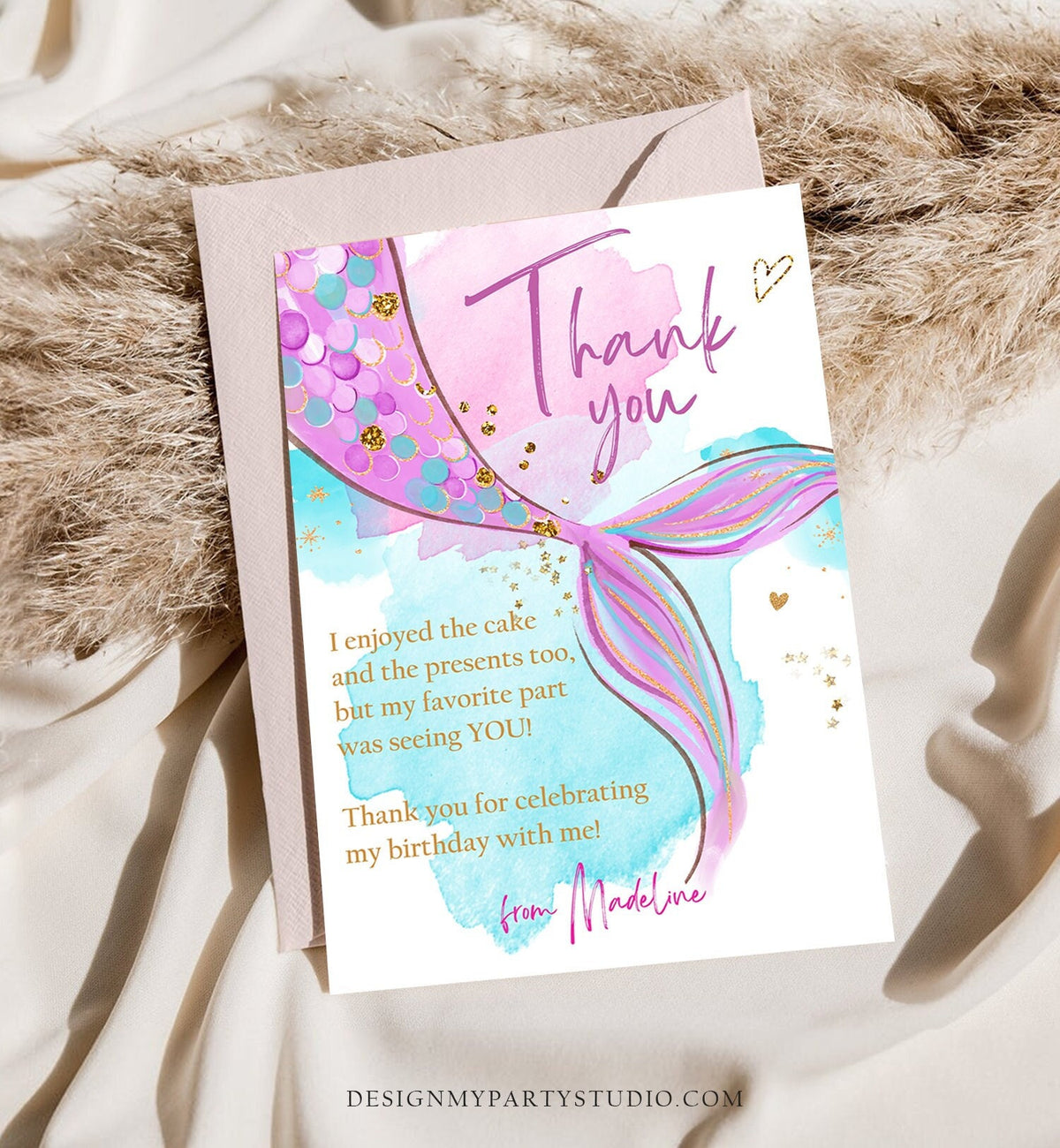 Editable Mermaid Thank You Card Girl Mermaid Birthday Party Thank You Note Purple Gold Under The Sea Printable Template Corjl Digital 0403