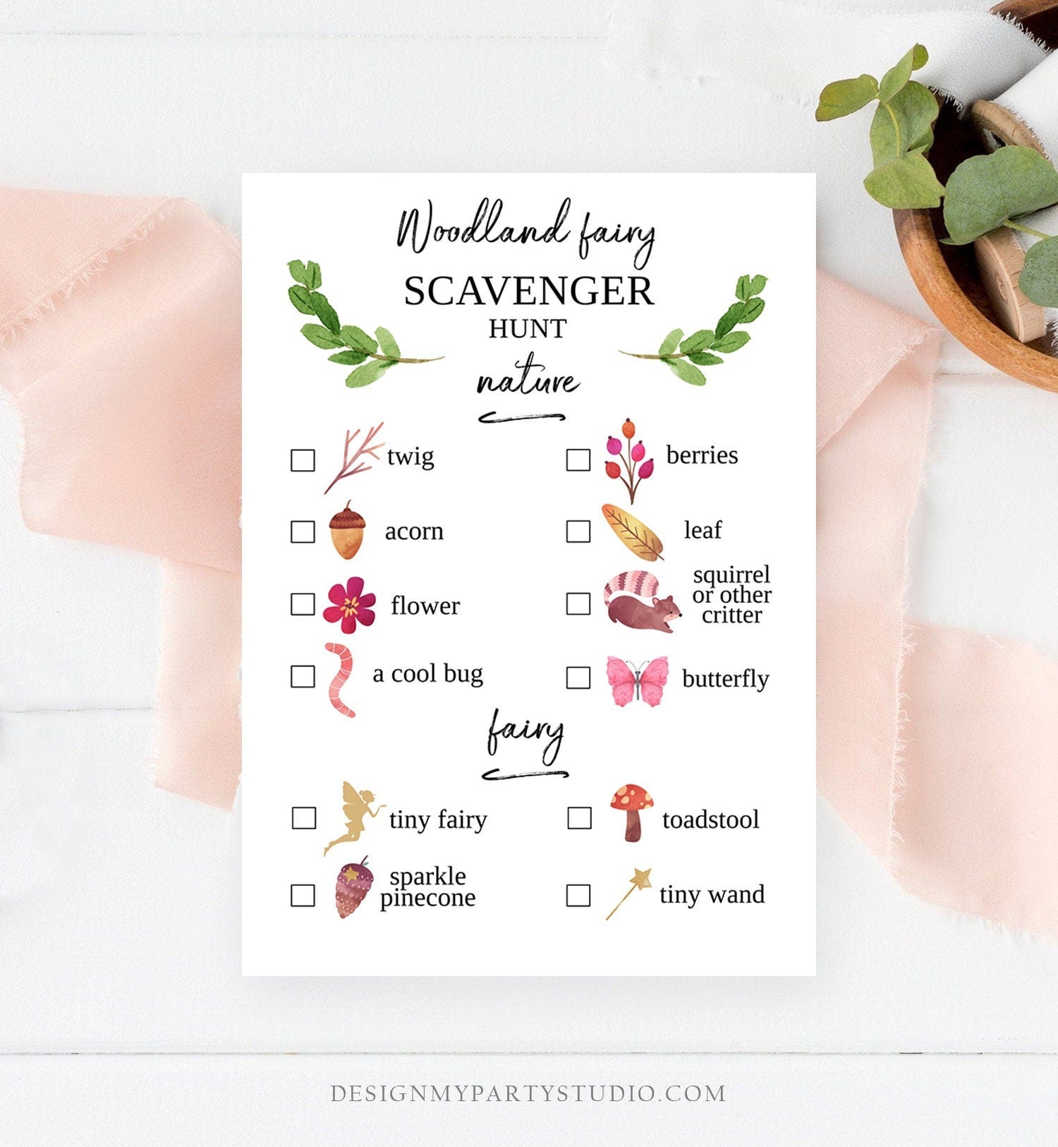 Editable Scavenger Hunt Checklist Game Party Woodland Fairy Birthday Whimsical Enchanted Forest Download Corjl Template Printable 0173