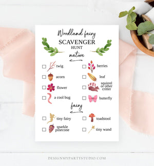 Editable Scavenger Hunt Checklist Game Party Woodland Fairy Birthday Whimsical Enchanted Forest Instant Download Corjl Template 0173