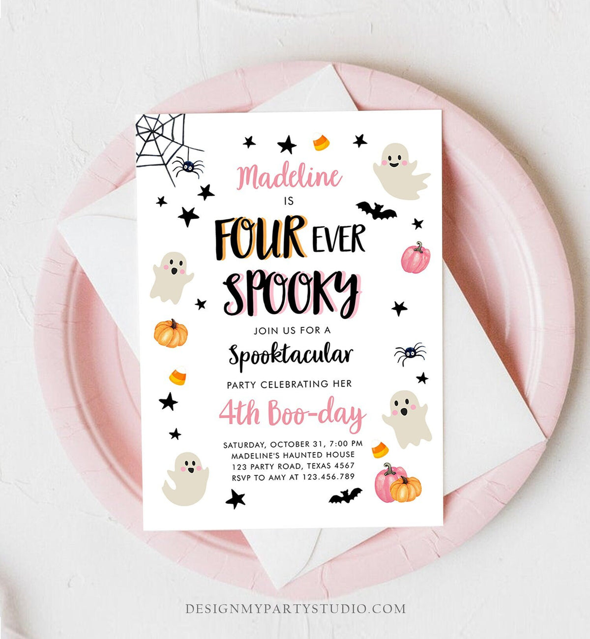 Editable Halloween Four Ever Spooky Birthday Invitation 4th Pink Ghost Costume Party Girl Pink Party Download Printable Template Corjl 0418