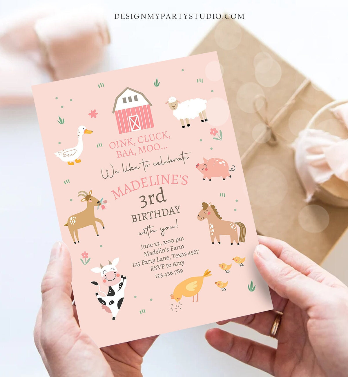 Editable Farm Birthday Invitation Girl Farm Animals Pink Barnyard Party Modern Pastel Download Printable Invite Template Digital Corjl 0436