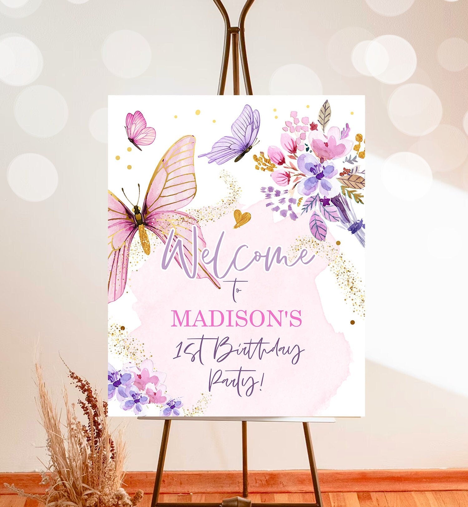 Editable Butterfly Welcome Sign Butterfly Birthday Party Butterfly Party Garden Girl Pink Gold Floral Purple Template PRINTABLE Corjl 0437