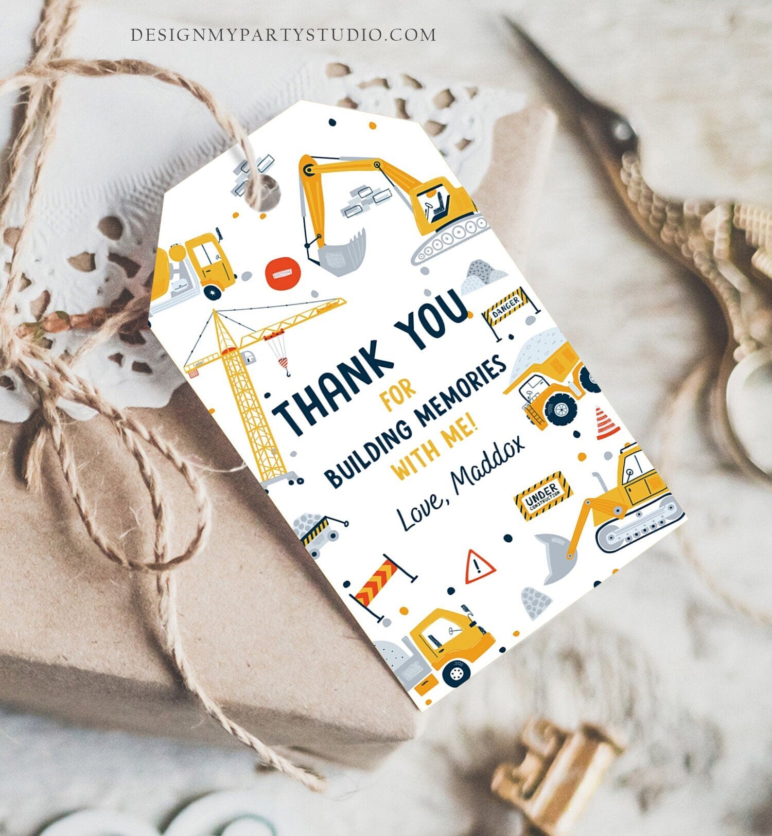 Editable Construction Thank You Tags Construction Birthday Favor Tags Boy Dump Truck Digger Party Download Printable Corjl Template 0458