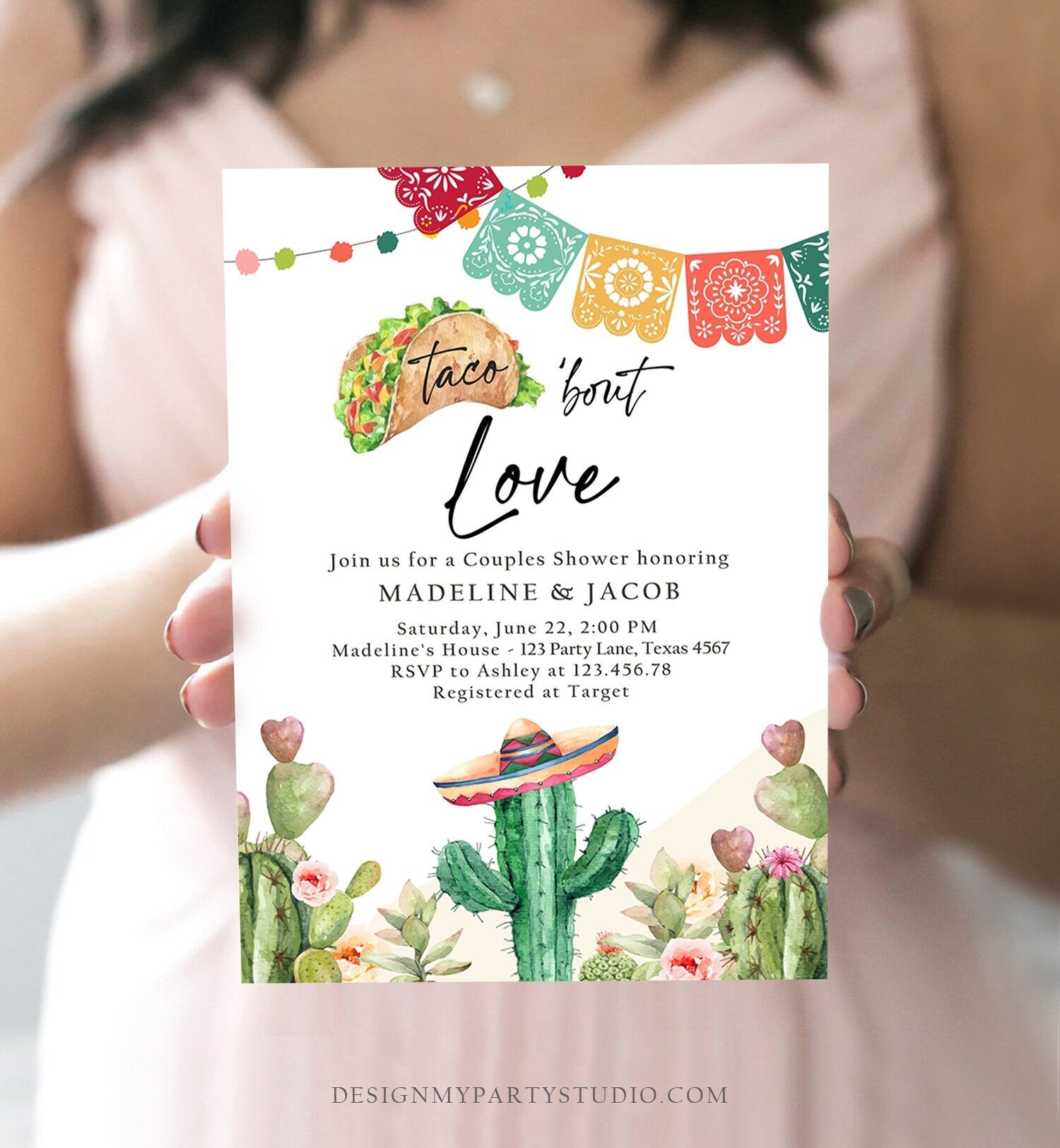 Editable Taco Bout Love Couples Shower Invitation Fiesta Cactus Succulent Mexican Desert Digital Download Evite Template Printable 0404